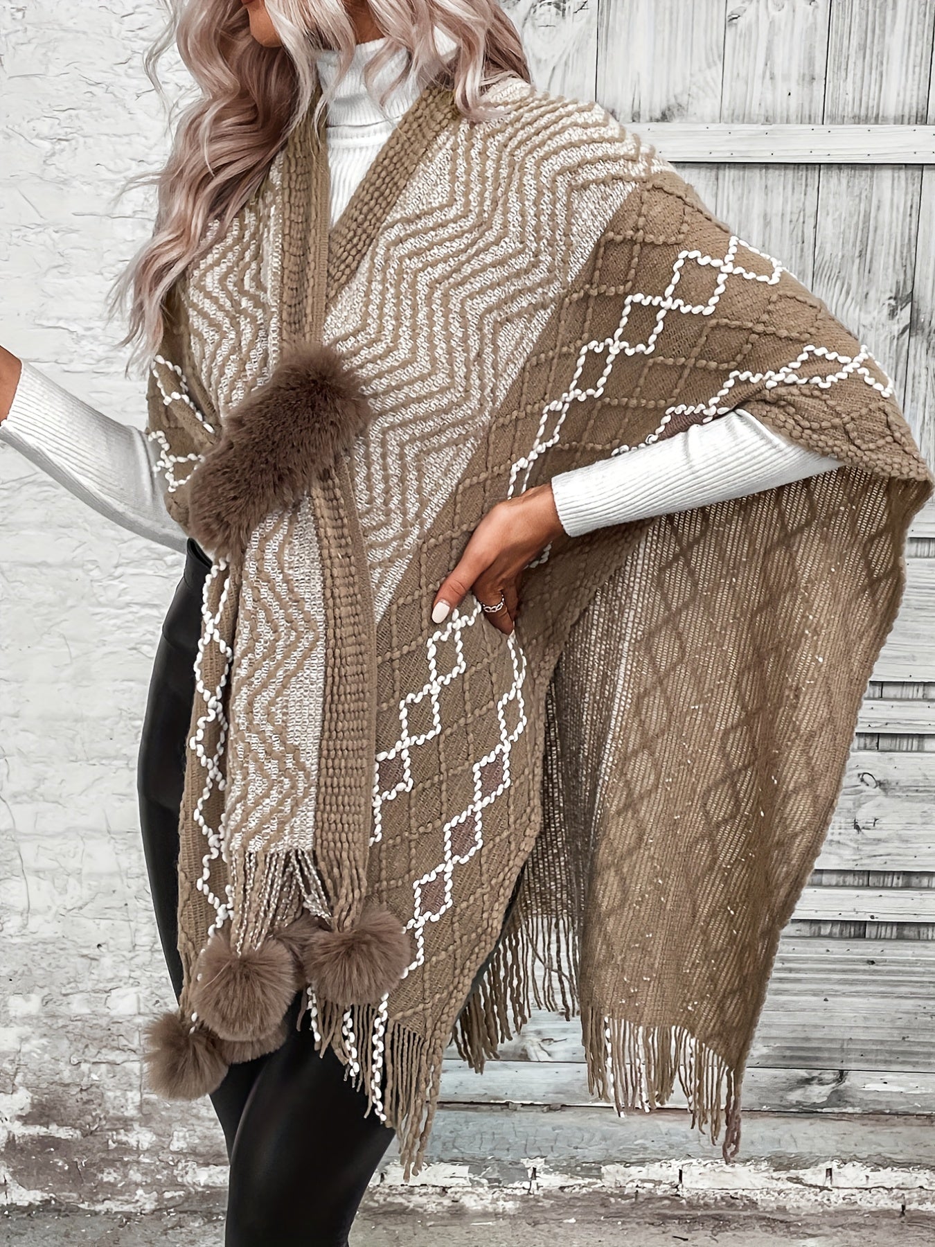 gbolsos Open Front Pom & Fringe Hem Cardigan, Cape Sleeve Cardigan For Spring & Fall, Women's Clothing