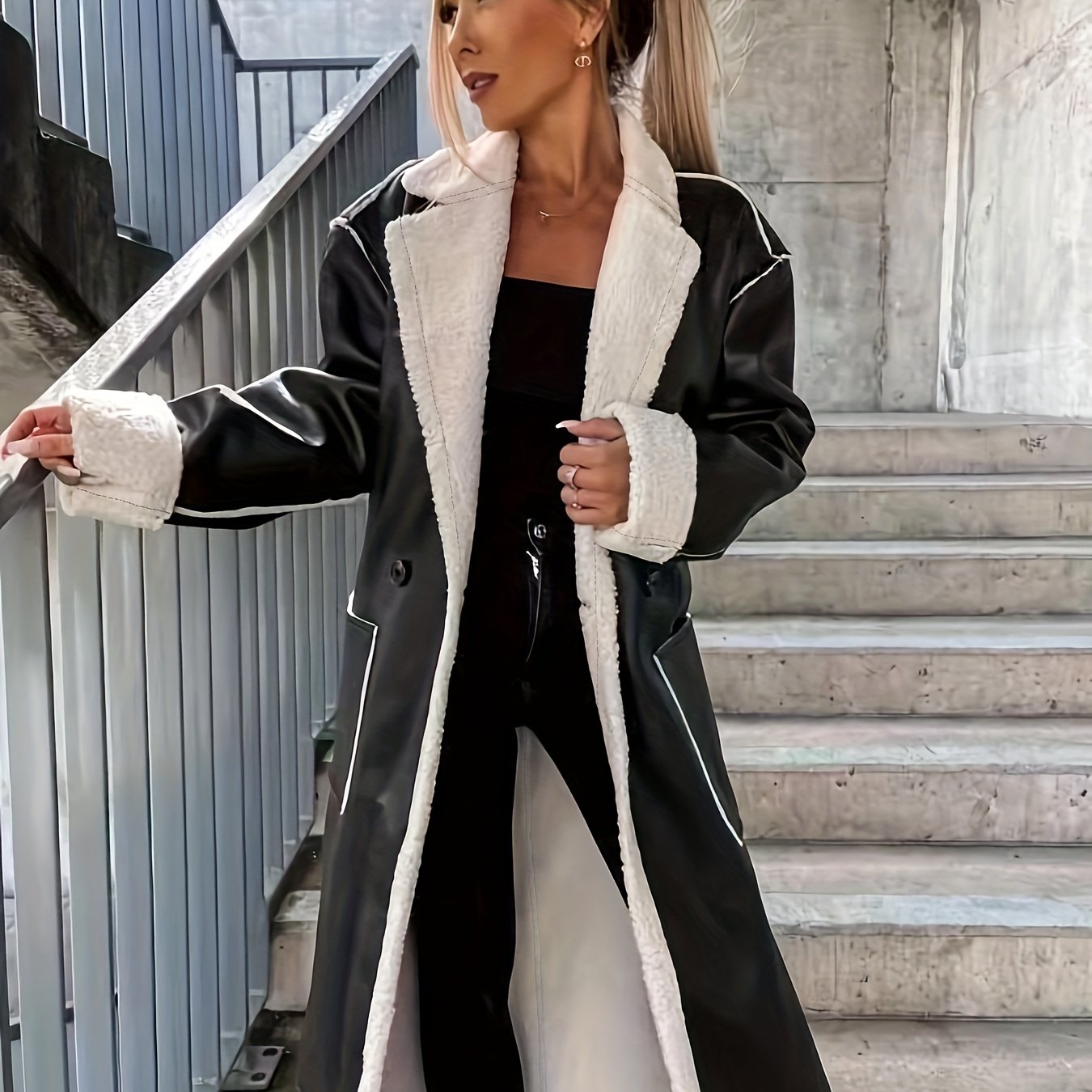 gbolsos Contrast Trim Faux Leather Overcoat, Vintage Lapel Long Sleeve Patched Pockets Belted Overcoat, Women's Clothing