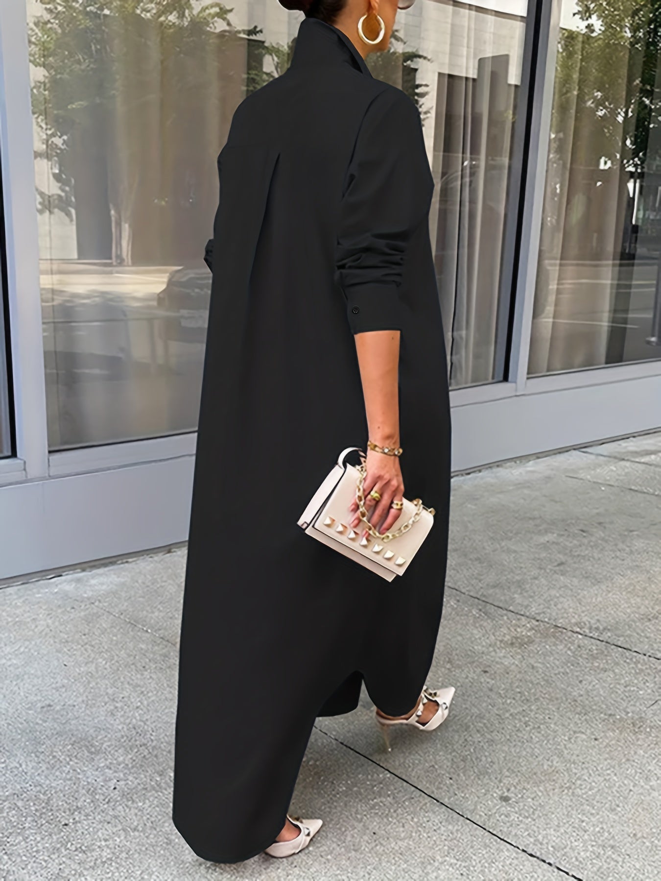 gbolsos Button Front Long Length Shirt, Casual Solid Long Sleeve Shirt, Women's Clothing