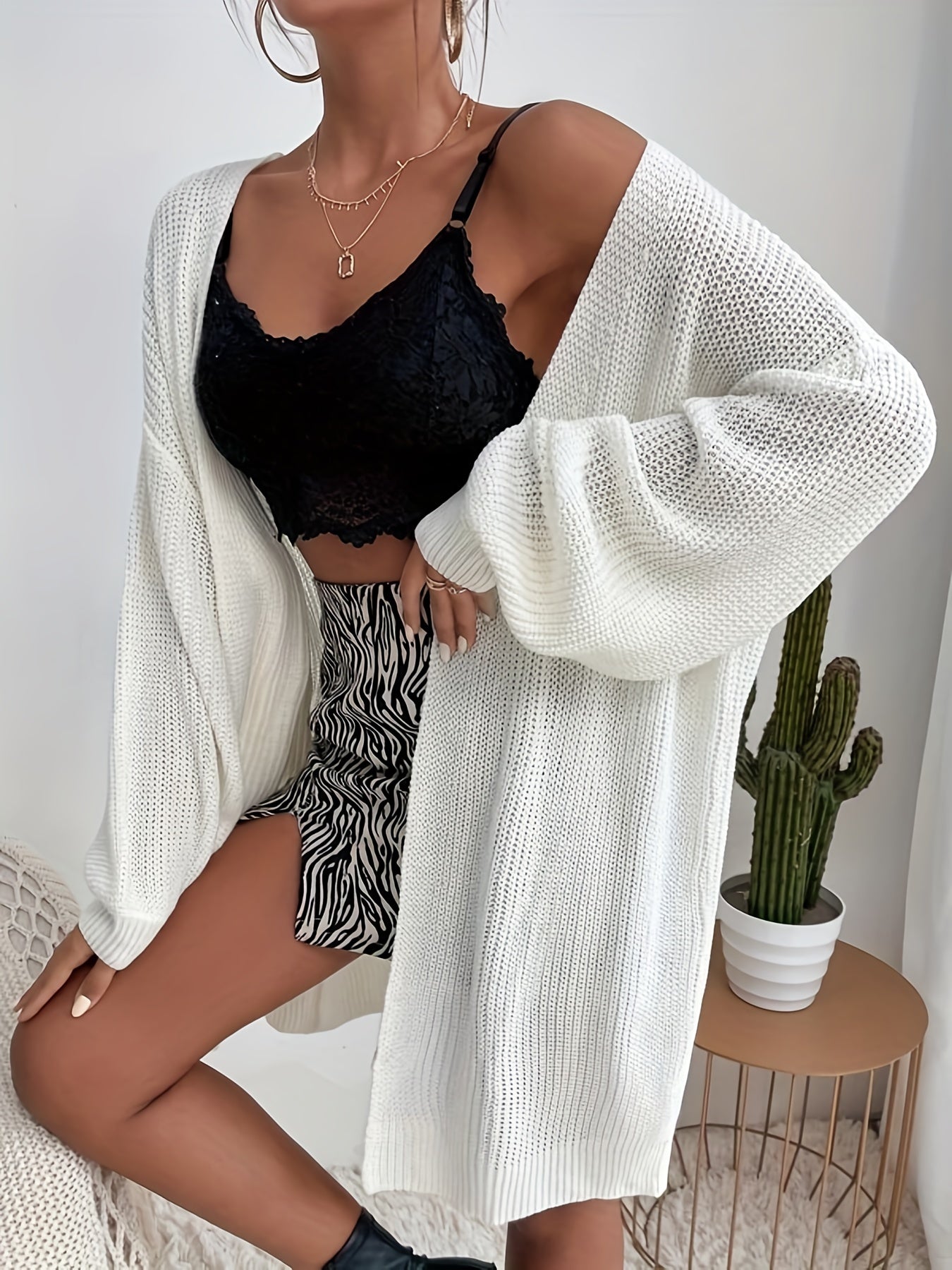 gbolsos Plus Size Casual Cardigan, Women's Plus Solid Ribbed Lantern Sleeve Open Front Knit Cardigan
