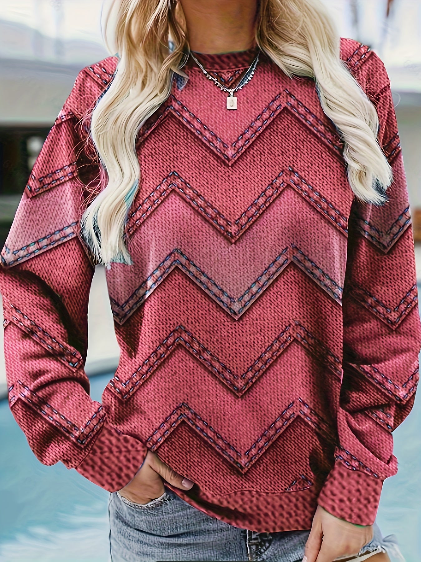 gbolsos Denim Print Pullover Sweatshirt, Casual Long Sleeve Crew Neck Sweatshirt For Fall & Winter, Women's Clothing