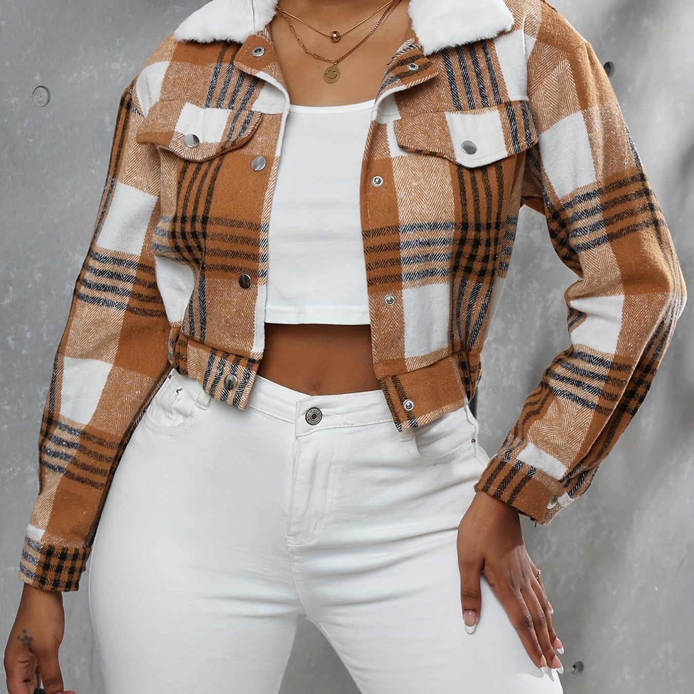 gbolsos Button Plaid Faux Fur Collar Jacket, Casual Long Sleeve Crop Jacket For Fall & Winter, Women's Clothing