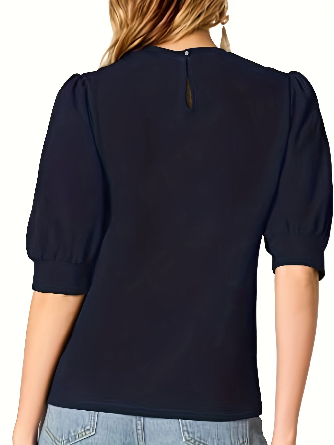 Solid Keyhole Blouse, Casual Crew Neck Short Sleeve Simple Blouse, Women's Clothing