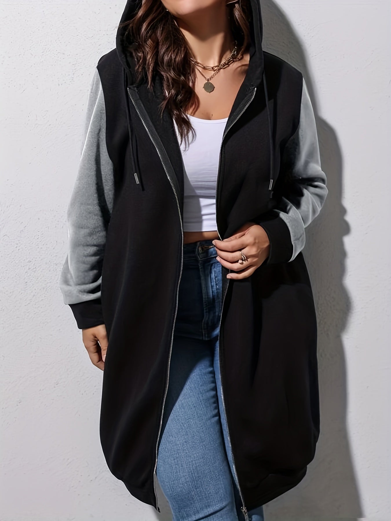 Plus Size Casual Coat, Women's Plus Colorblock Hoodie Drawstring Zipper Long Sleeve Longline Coat