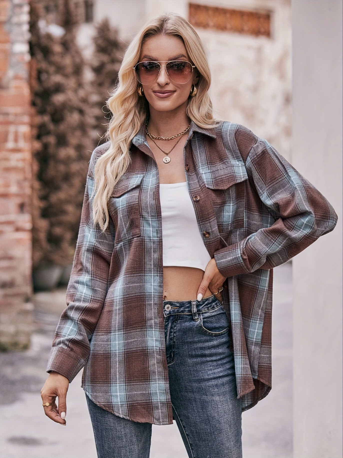 gbolsos Plaid Button Front Shirt, Elegant Long Sleeve Lapel Shirt, Women's Clothing