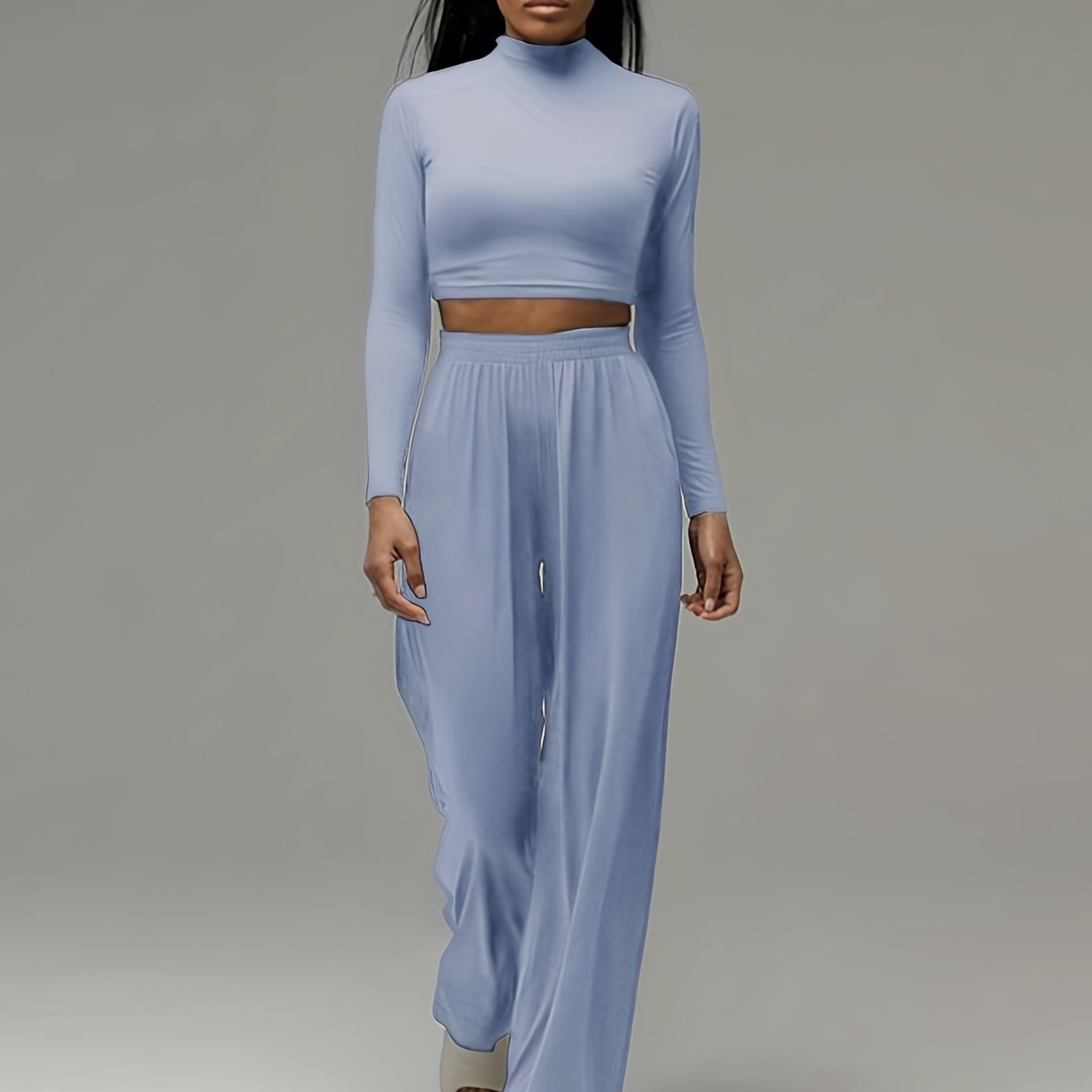 gbolsos Solid Casual Two-piece Set, Mock Neck Long Sleeve Tops & High Waist Wide Leg Pants Outfits, Women's Clothing