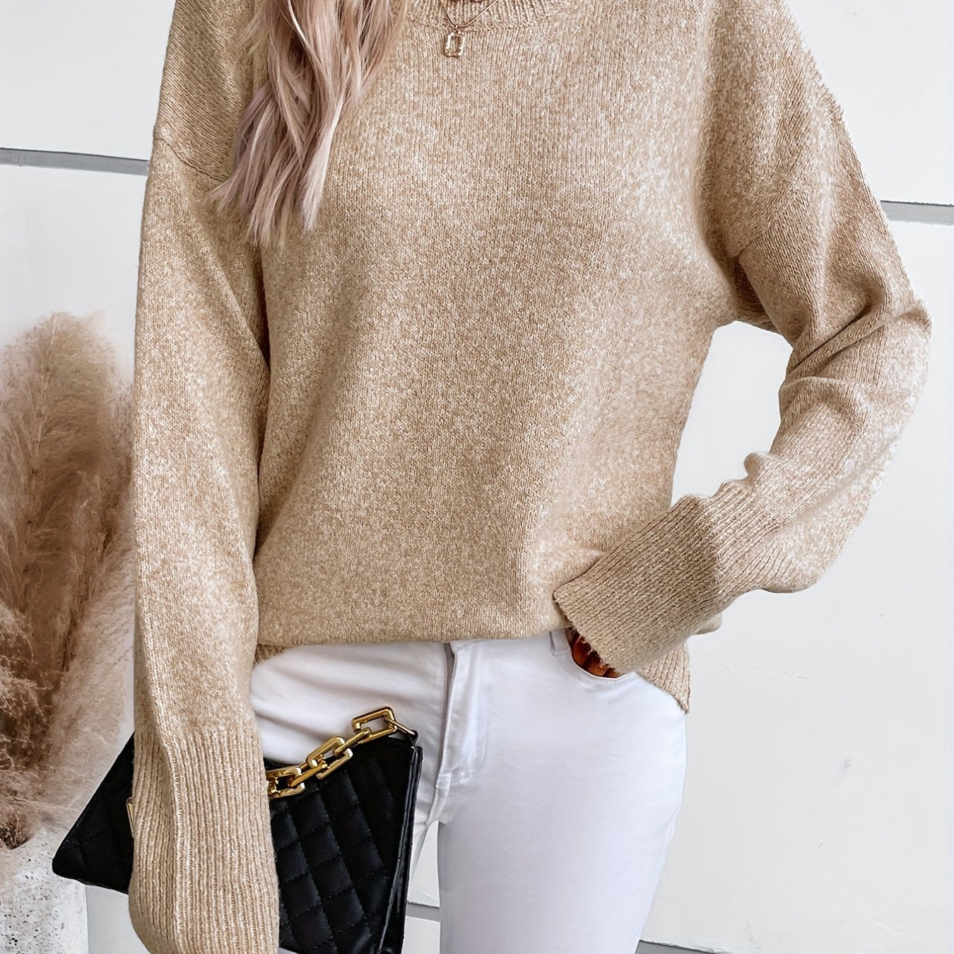 gbolsos Solid Crew Neck Pullover Sweater, Casual Long Sleeve Sweater For Fall & Winter, Women's Clothing