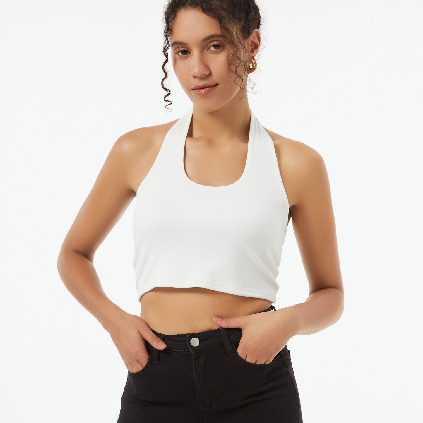 Solid Halter Neck Crop Top, Sexy Backless Halter Top For Summer, Women's Clothing