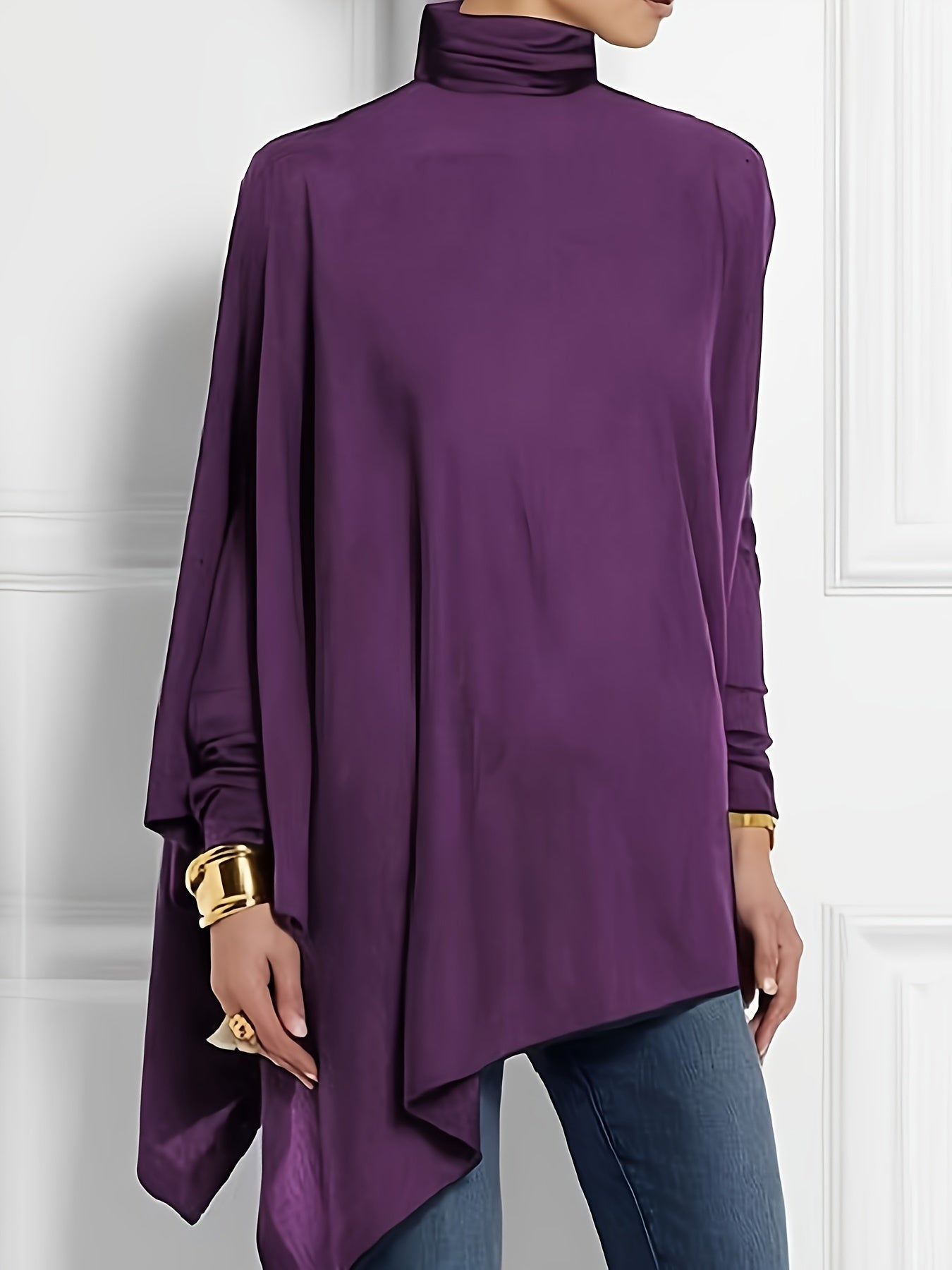 gbolsos Solid Turtleneck T-Shirt, Casual Long Sleeve Top For Spring & Fall, Women's Clothing