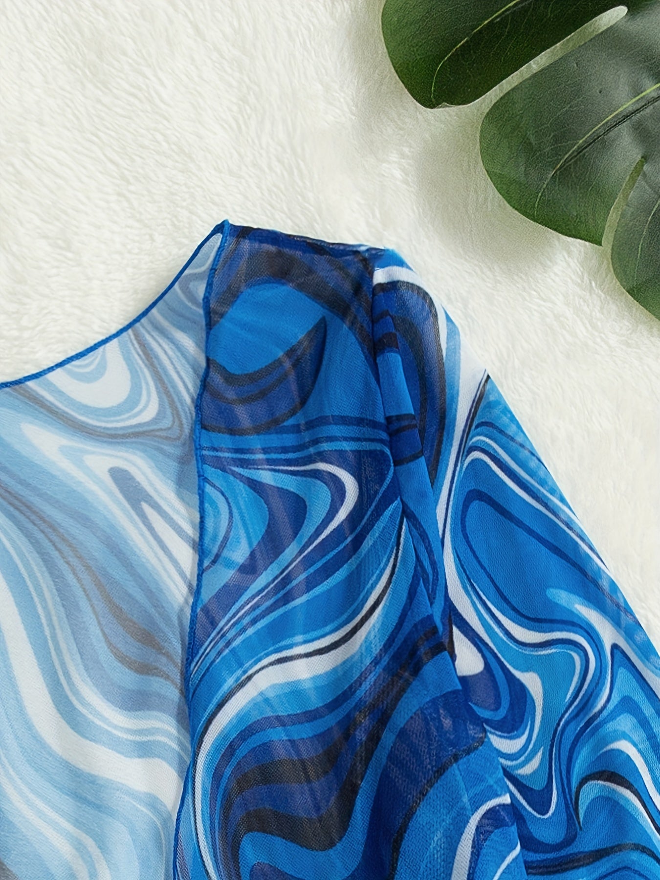 gbolsos Blue Fluid Print Long Sleeve Cover Up, Soft Mesh Bow Tie Sun Protection Cardigan, Women's Swimwear & Clothing