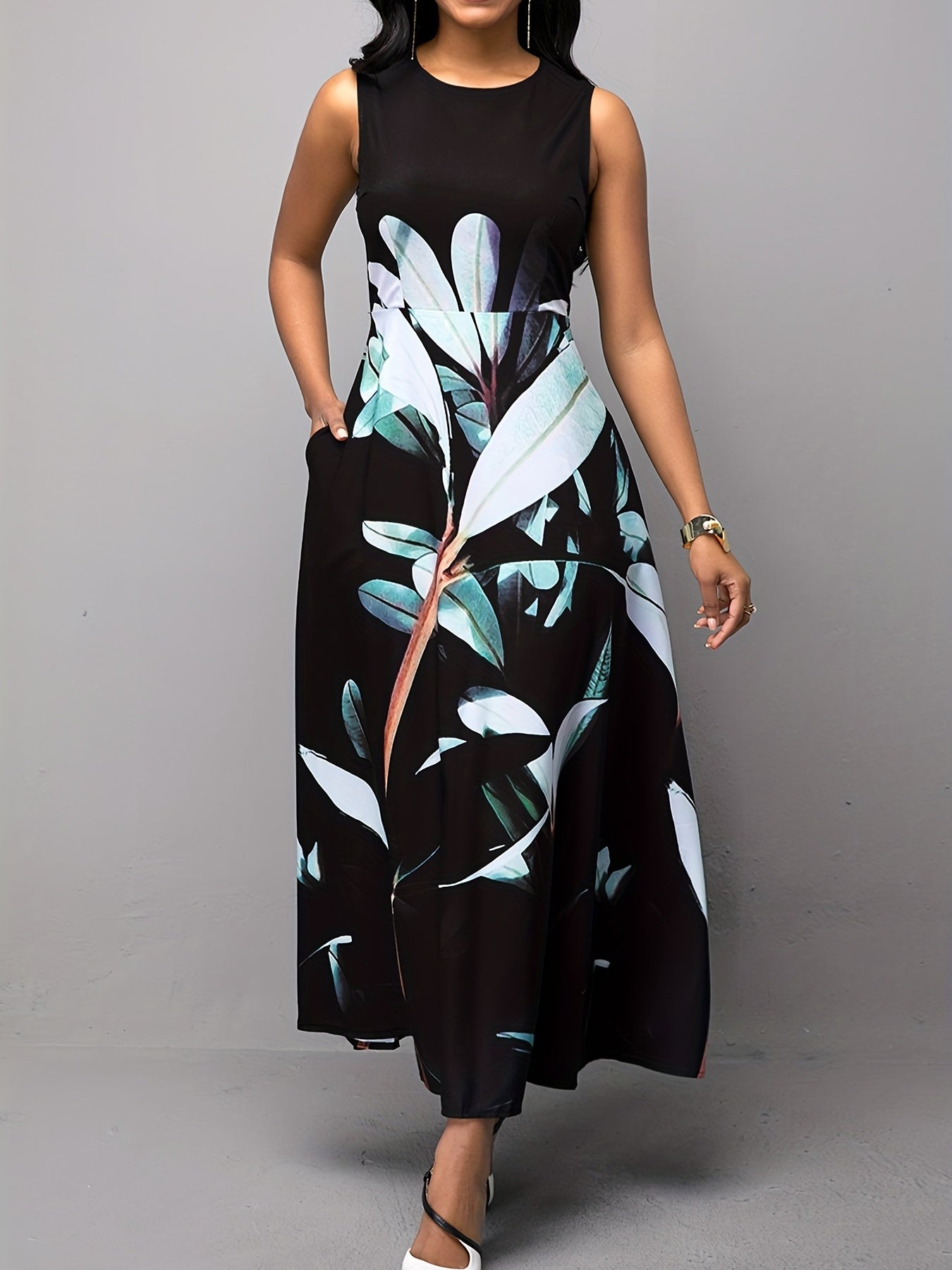 gbolsos Floral Print A-line Long Dress, Elegant Crew Neck Sleeveless Waist Summer Swing Dresses, Women's Clothing