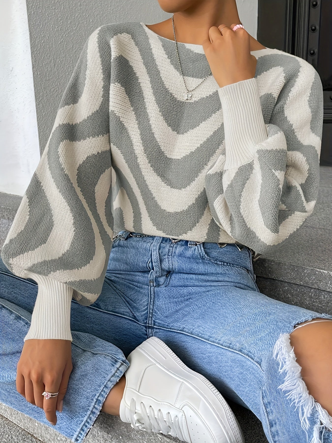 gbolsos Striped Boat Neck Pullover Sweater, Casual Lantern Sleeve Slim Sweater, Women's Clothing