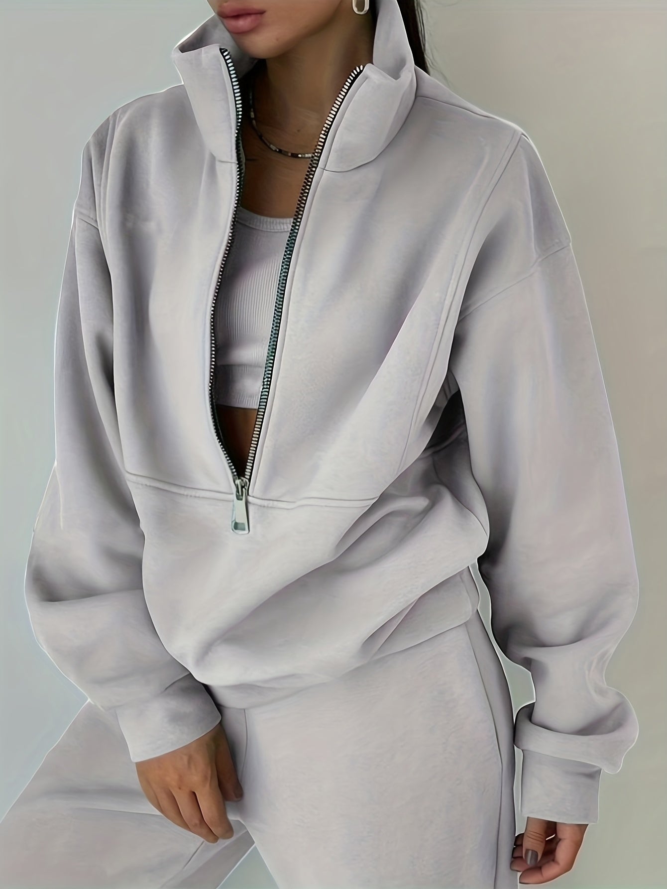 Casual Matching Two-piece Set, Zip Up Sweatshirt & Solid Sweatpants Outfits, Women's Clothing