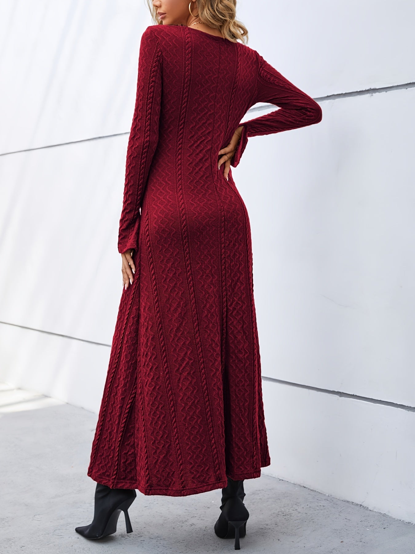 gbolsos Elegant Buttons Slit Long Dress, Casual Deep V Neck Long Sleeve Waist Long Dresses, Women's Clothing