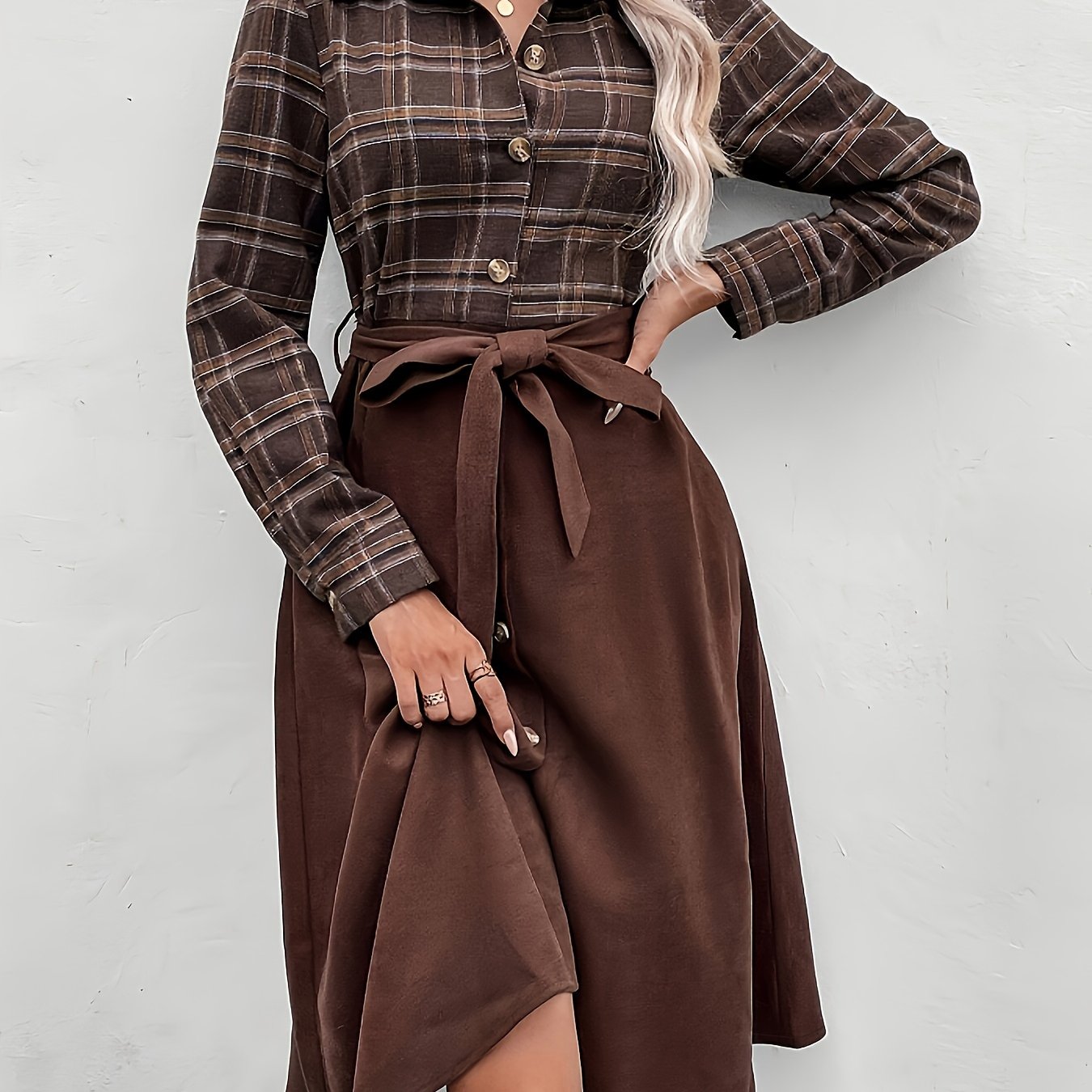 gbolsos Plaid Print Button Front Splicing Dress, Elegant Long Sleeve Dress, Women's Clothing