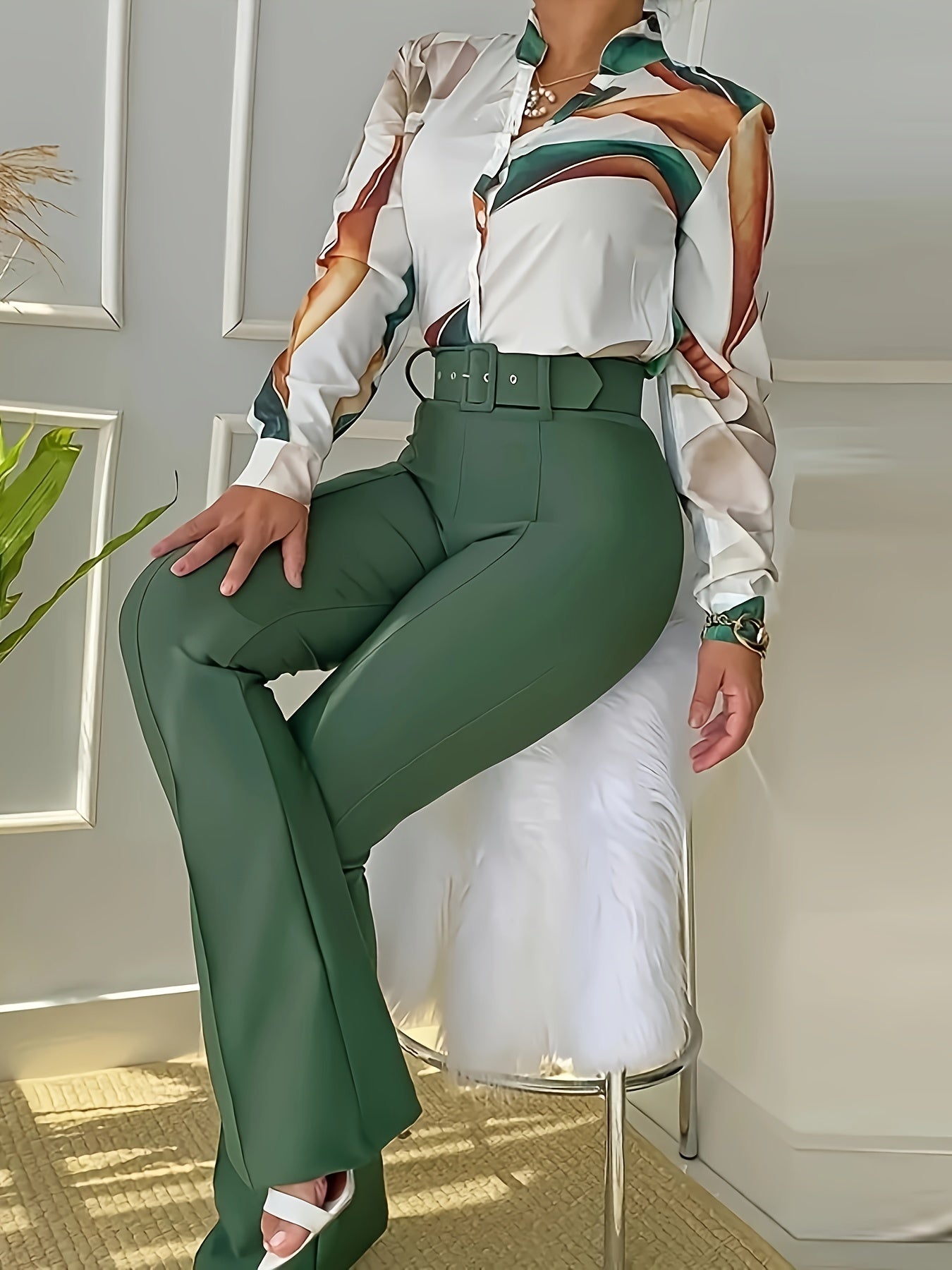 gbolsos Solid Slim Flared Leg Pants, Casual High Waist Commuter Pants With Belt, Women's Clothing