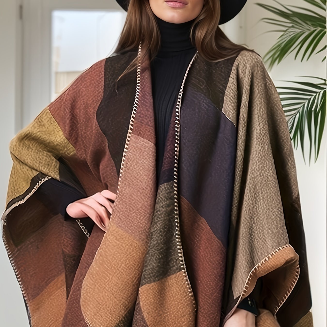 Plus Size Casual Coat, Women's Plus Colorblock Bat Sleeve Open Front Slight Stretch Cape Coat