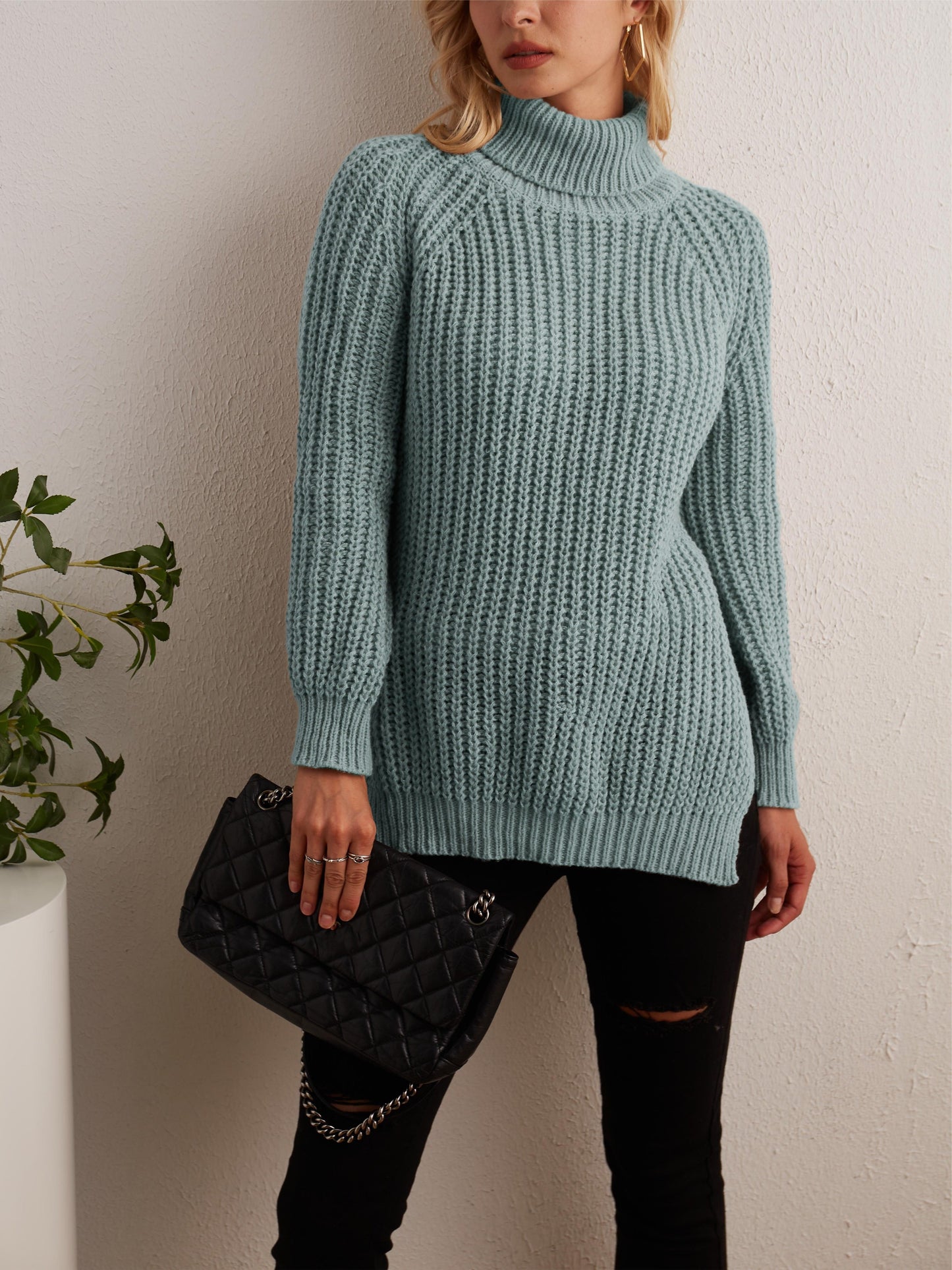gbolsos Solid Turtleneck Oversized Sweater, Long Sleeve Side Slit Casual Sweater, Women's Clothing