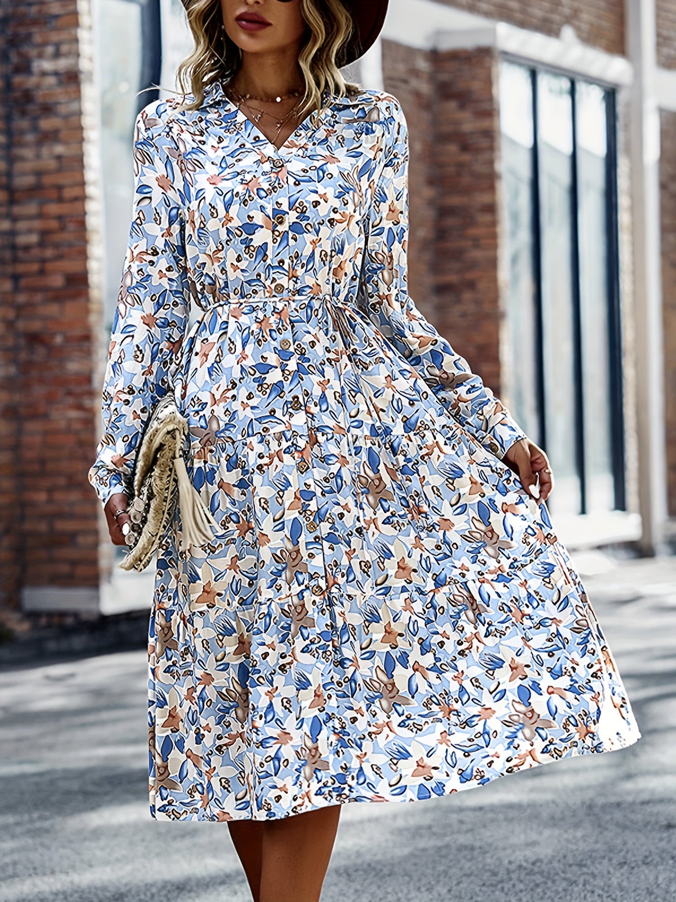 gbolsos Floral Print Button Front Dress, Boho Long Sleeve V Neck Dress, Women's Clothing