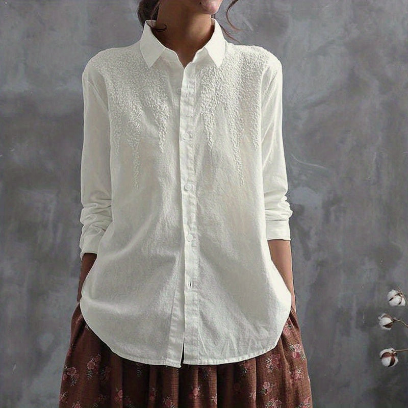 gbolsos Embroidered Solid Shirt, Casual Button Front Long Sleeve Collared Shirt, Women's Clothing