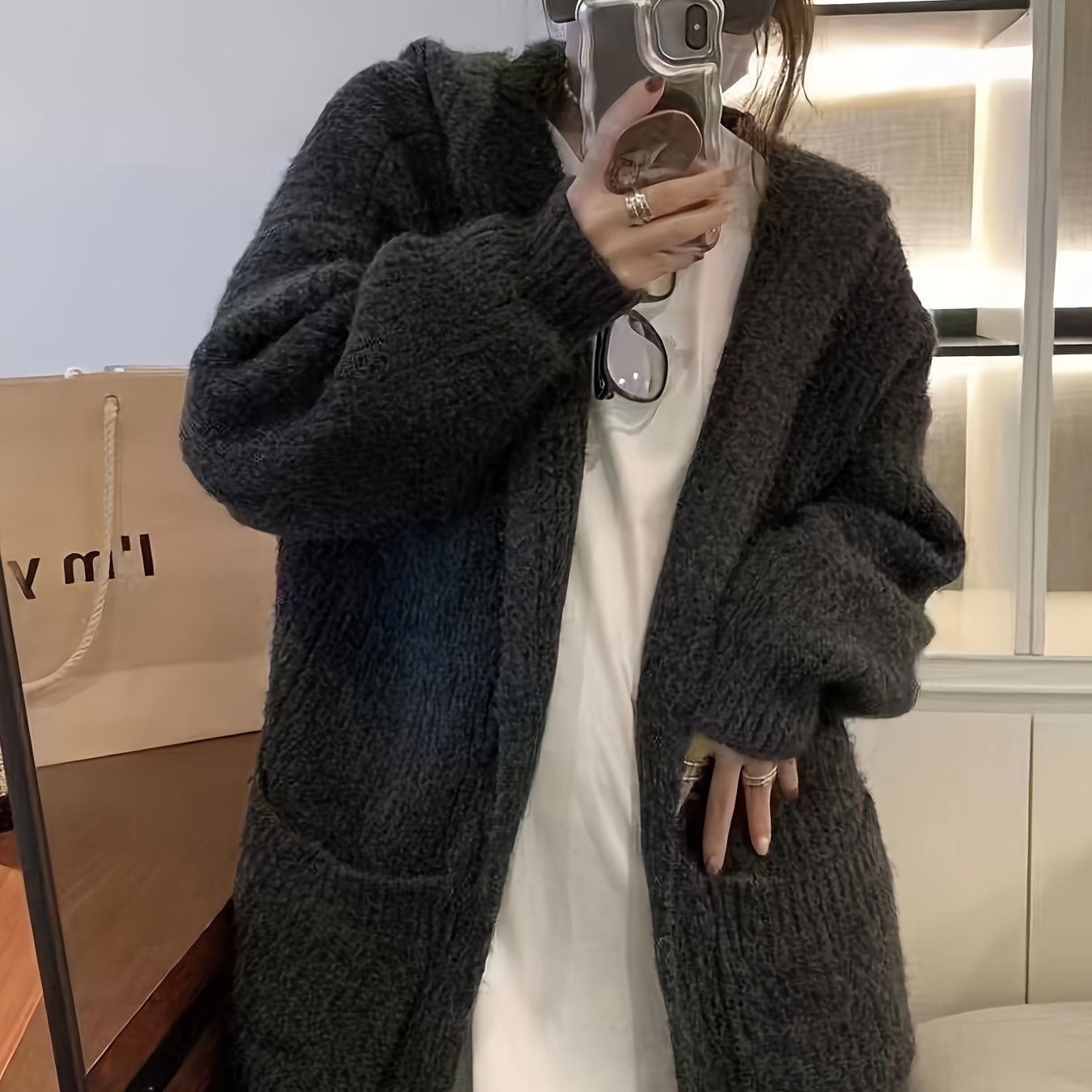 gbolsos Solid Open Front Hooded Cardigan, Versatile Long Sleeve Patched Pockets Cardigan For Fall & Winter, Women's Clothing