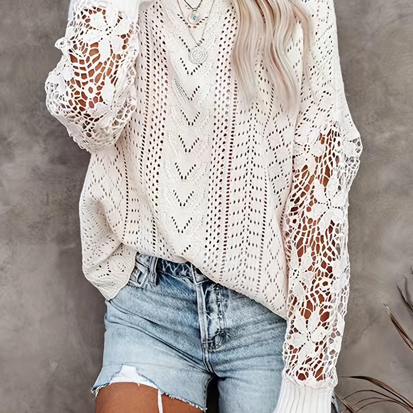 Solid Crew Neck Contrast Lace Pullover Sweater, Casual Long Sleeve Sweater For Spring & Winter, Women's Clothing