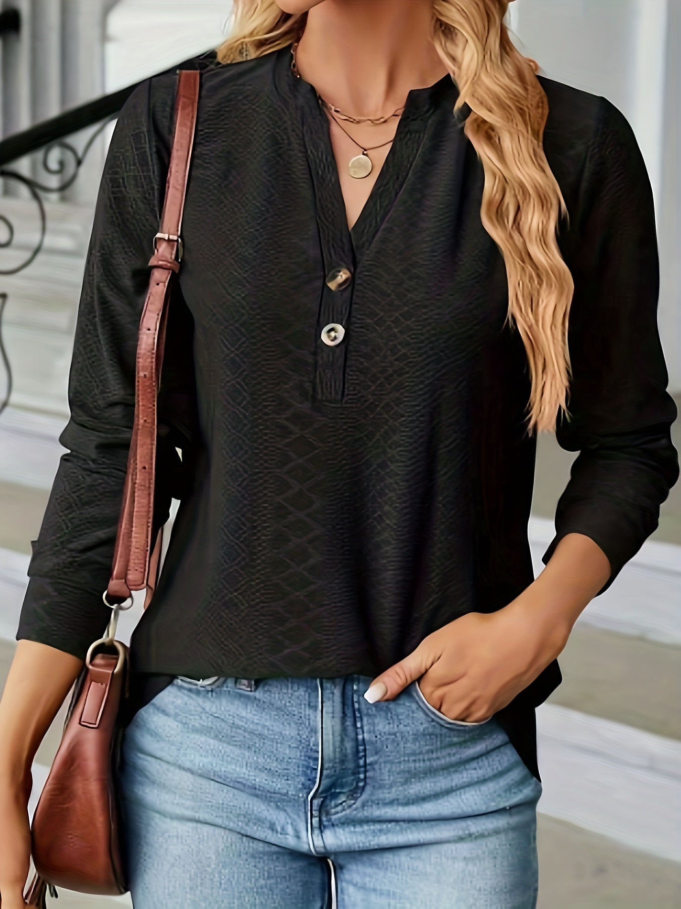 gbolsos Jacquard Button Front V Neck T-Shirt, Casual Long Sleeve Top For Spring & Fall, Women's Clothing