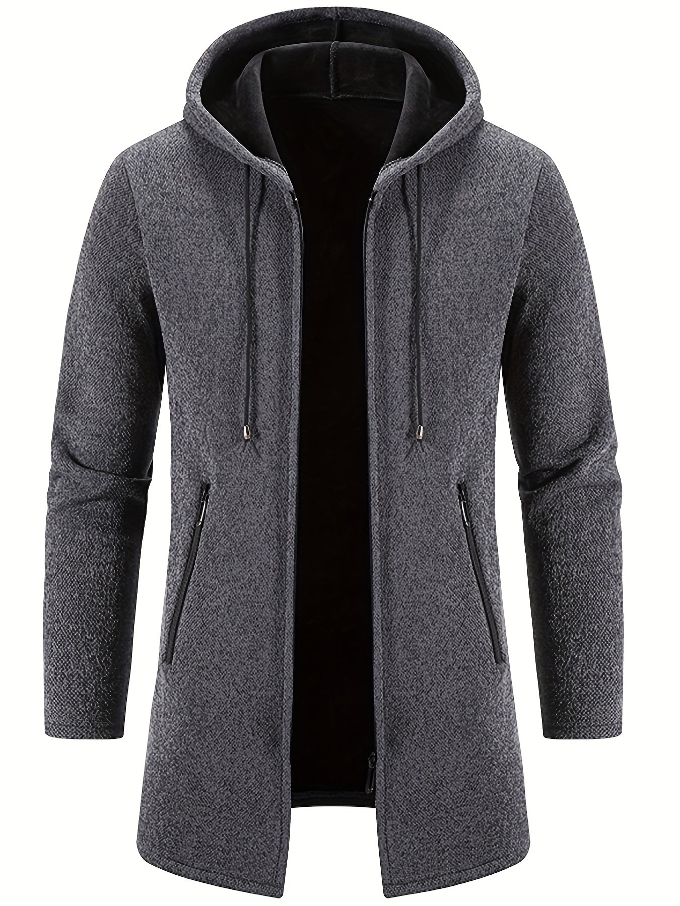 gbolsos Warm Mid-length Hooded Fleece Coat, Men's Comfortable Solid Color Zip Up Knitted Cardigan For Spring Fall