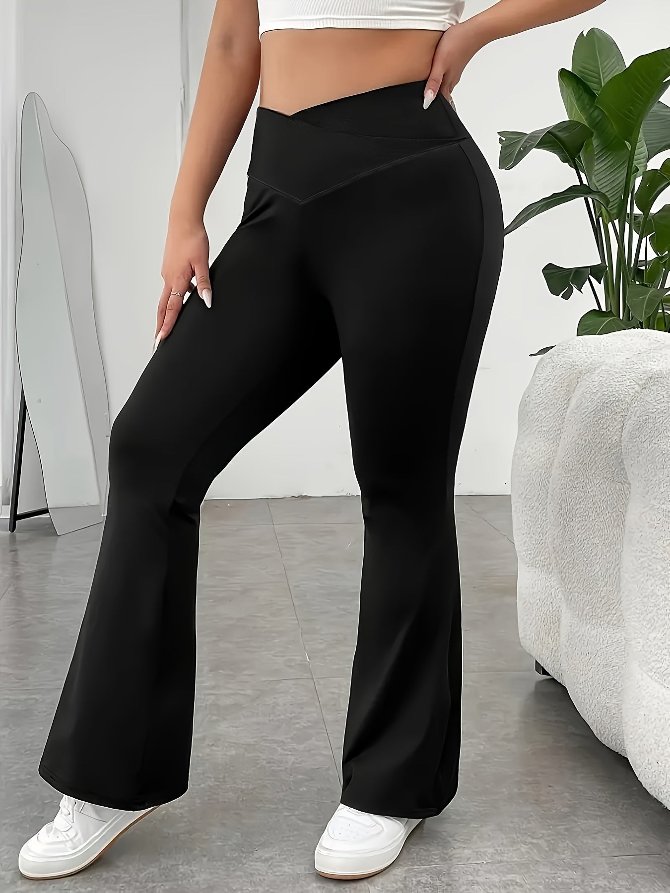 gbolsos Women's Sports Pants, Plus Size Plain Black Crossover High Waisted Comfy Fitness Yoga Flare Leg Pants