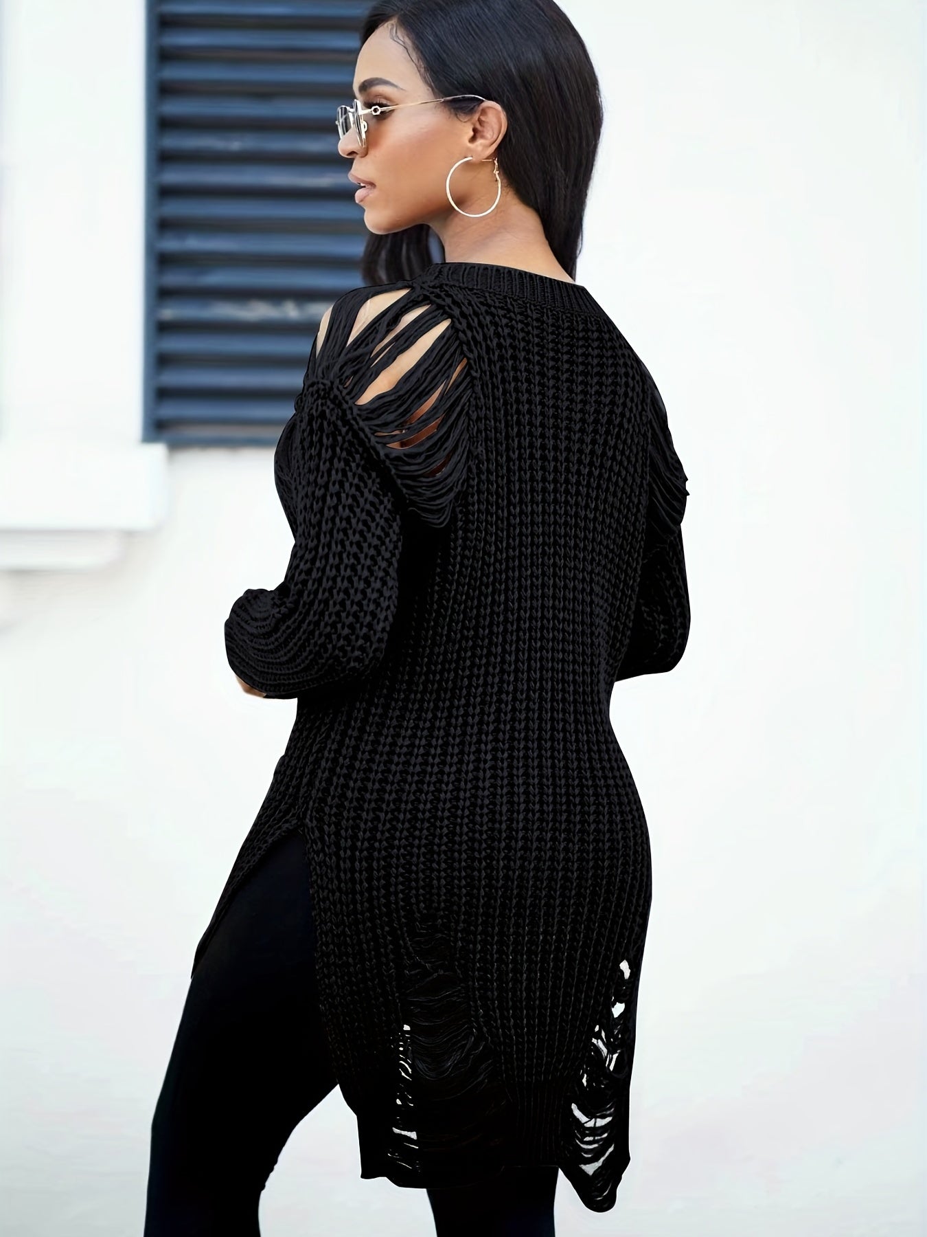 gbolsos Solid Crew Neck Ripped Split Pullover Sweater, Sexy Long Sleeve Sweater For Spring & Fall, Women's Clothing