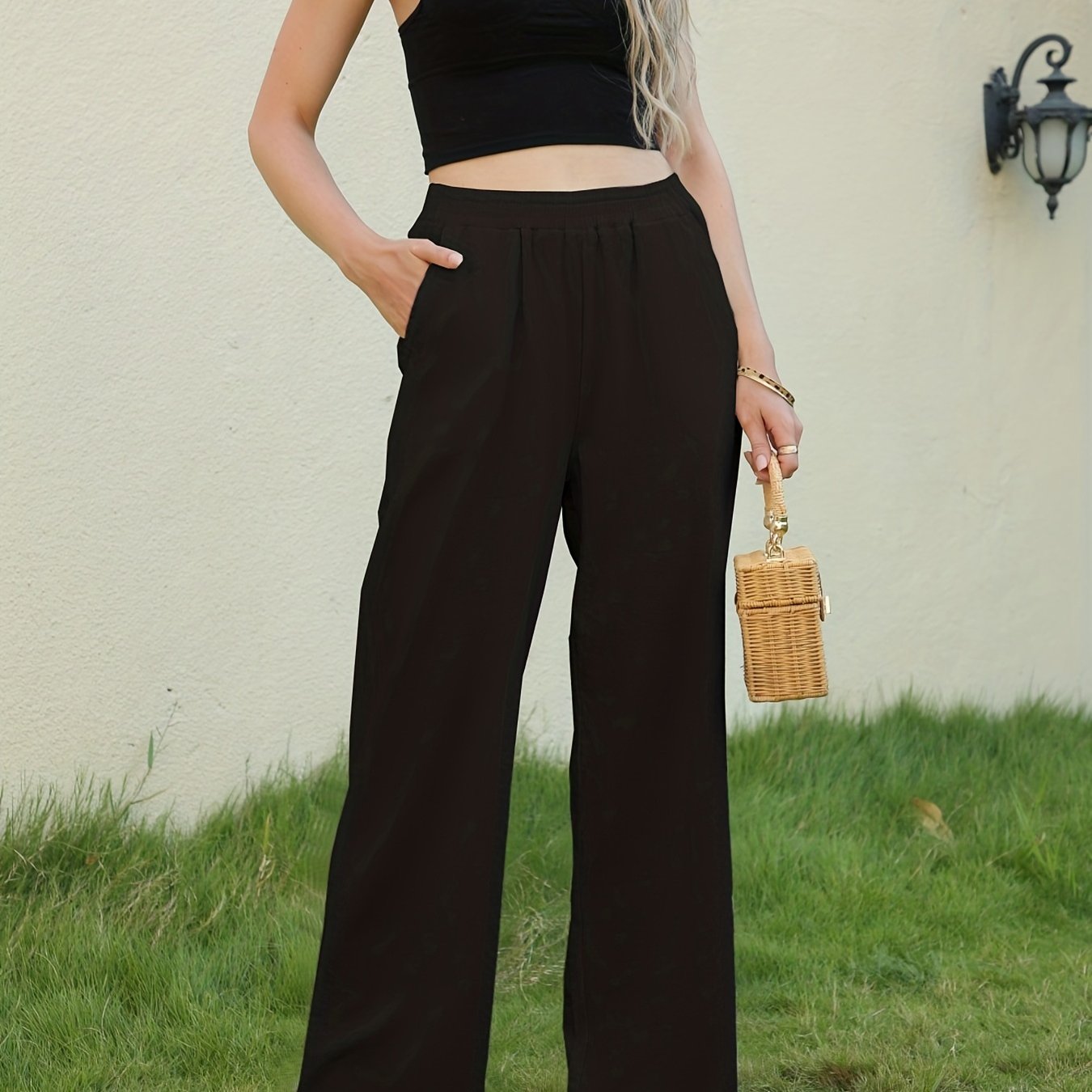 gbolsos Solid Wide Leg Elastic Waist Pants, Casual Dual Pockets Loose Pants, Women's Clothing