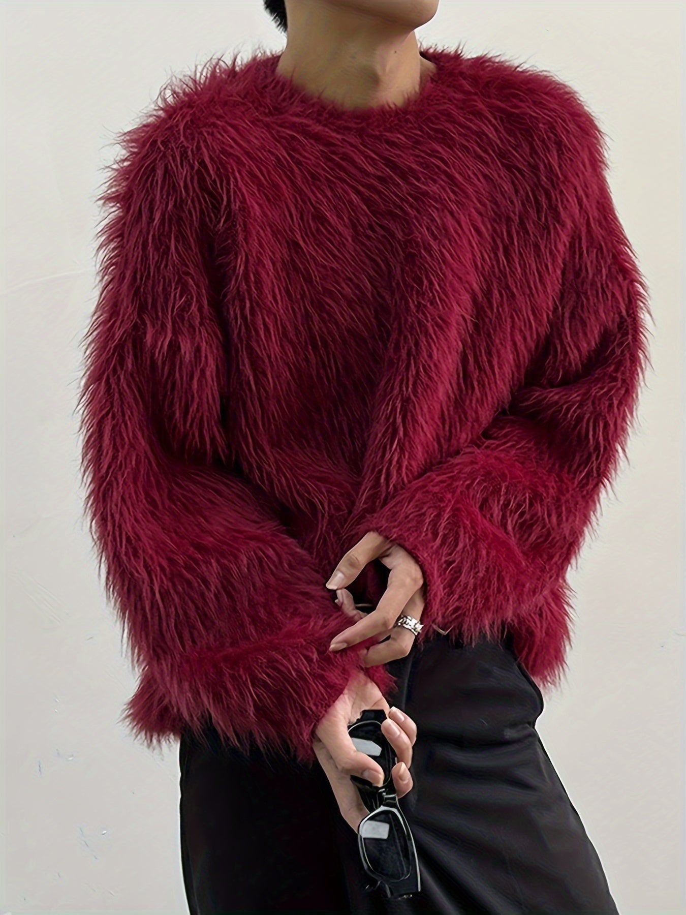 gbolsos Men's Chic Fluffy Faux Fur Long Sleeve Sweater, Street Style Pullover Crew Neck Sweatshirt