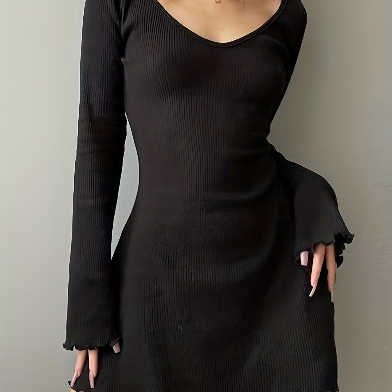 gbolsos Lettuce Trim Solid Dress, Elegant Crew Neck Long Sleeve Dress, Women's Clothing