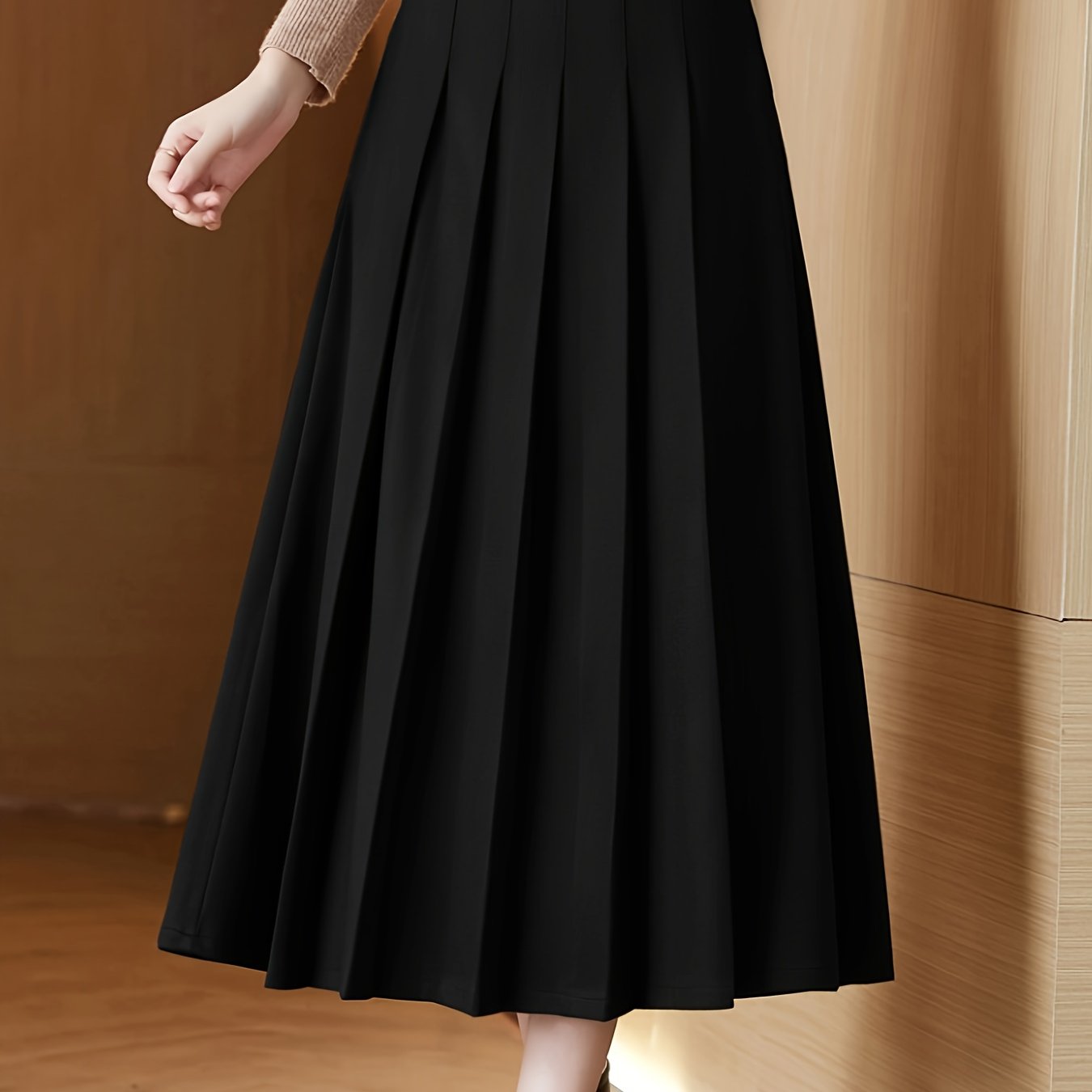 gbolsos Solid High Waist Skirt, Elegant Pleated Midi Draped Skirt, Women's Clothing