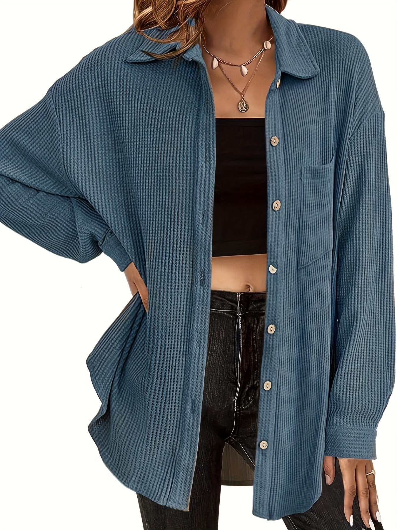 gbolsos Solid Polo Collar Button Shirt, Casual Long Sleeve Shirt For Spring & Fall, Women's Clothing
