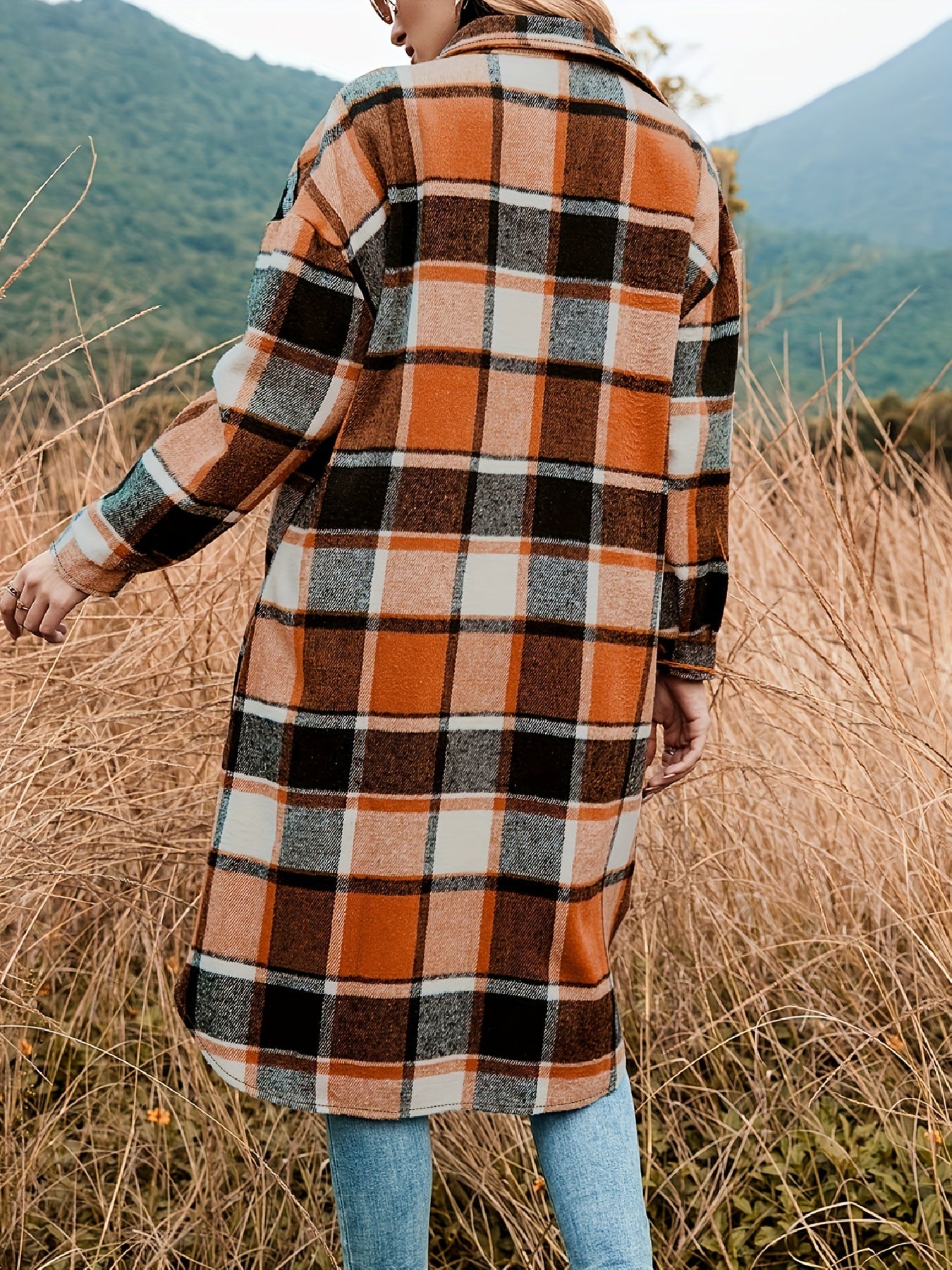 gbolsos Plaid Shacket Split Lapel Jacket, Button Down With Pockets Outerwear, Women's Clothing