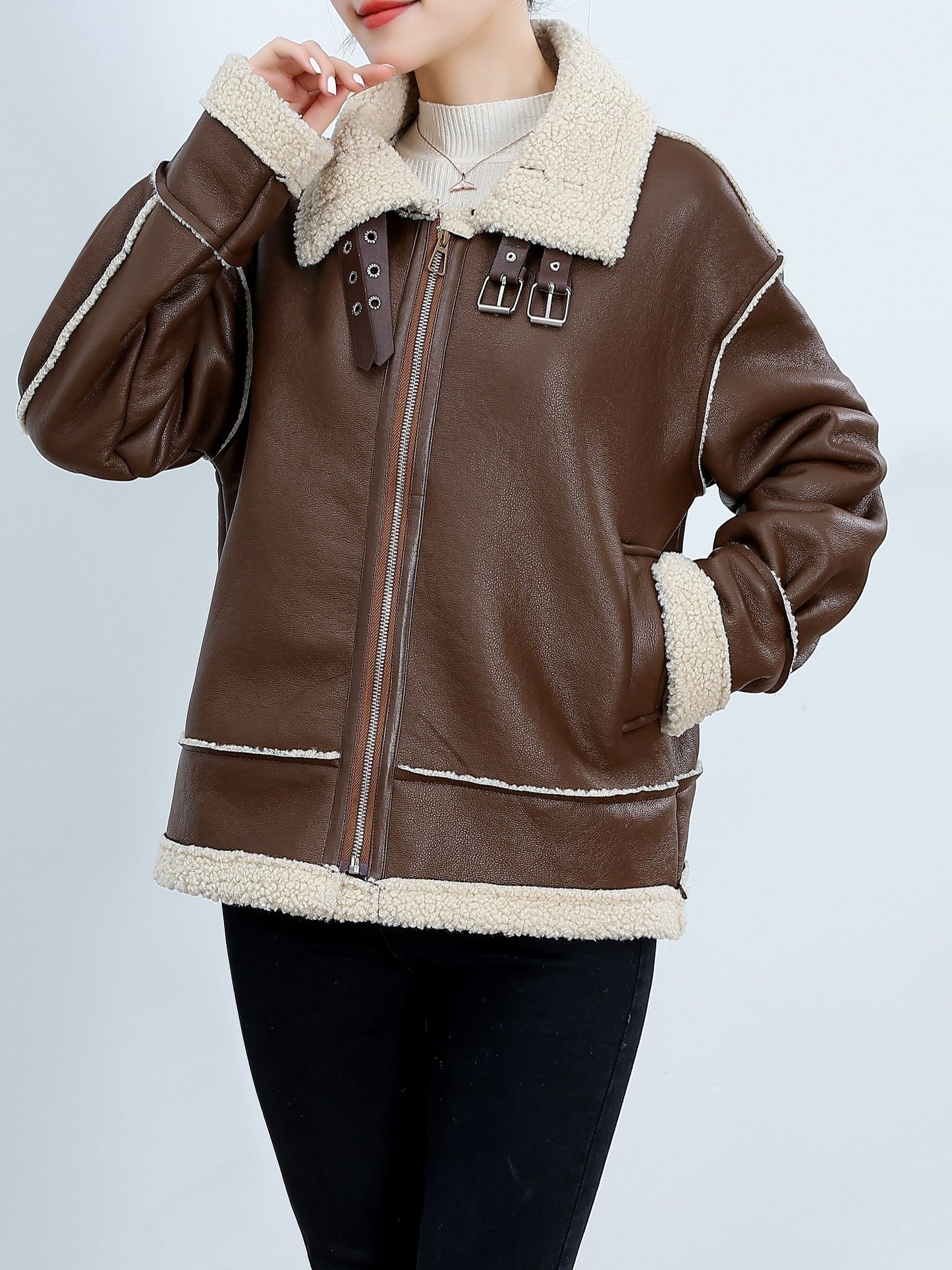 gbolsos Fuzzy Trim Biker Jacket, Casual Zip Up Long Sleeve Winter Outerwear, Women's Clothing
