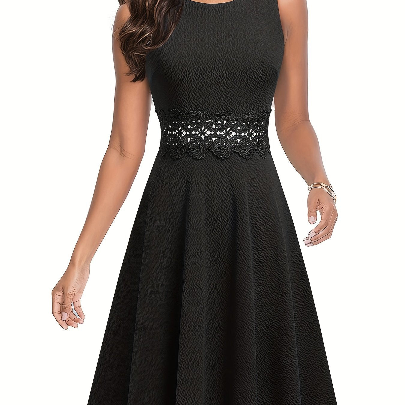 gbolsos Lace Stitching Solid Dress, Elegant Sleeveless Crew Neck Pleated Tank Dress, Women's Clothing