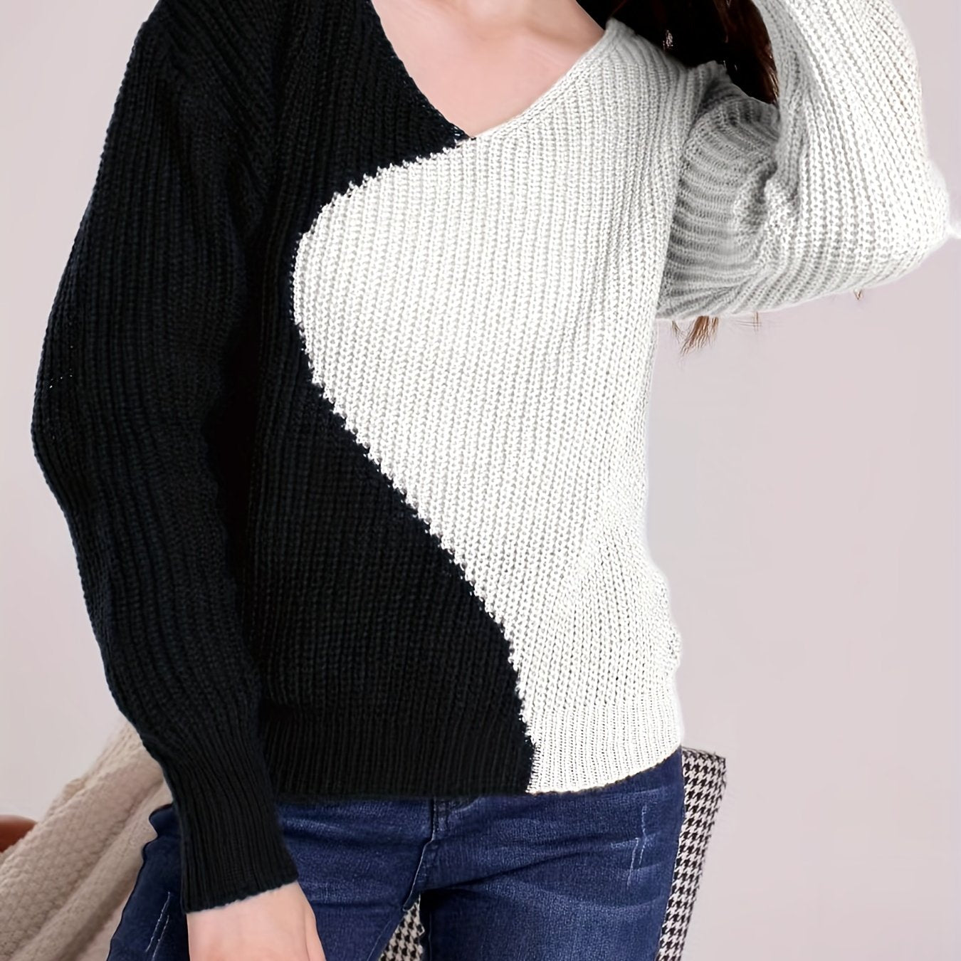 gbolsos Color Block Drop Shoulder Sweater, Casual V-neck Long Sleeve Sweater, Women's Clothing