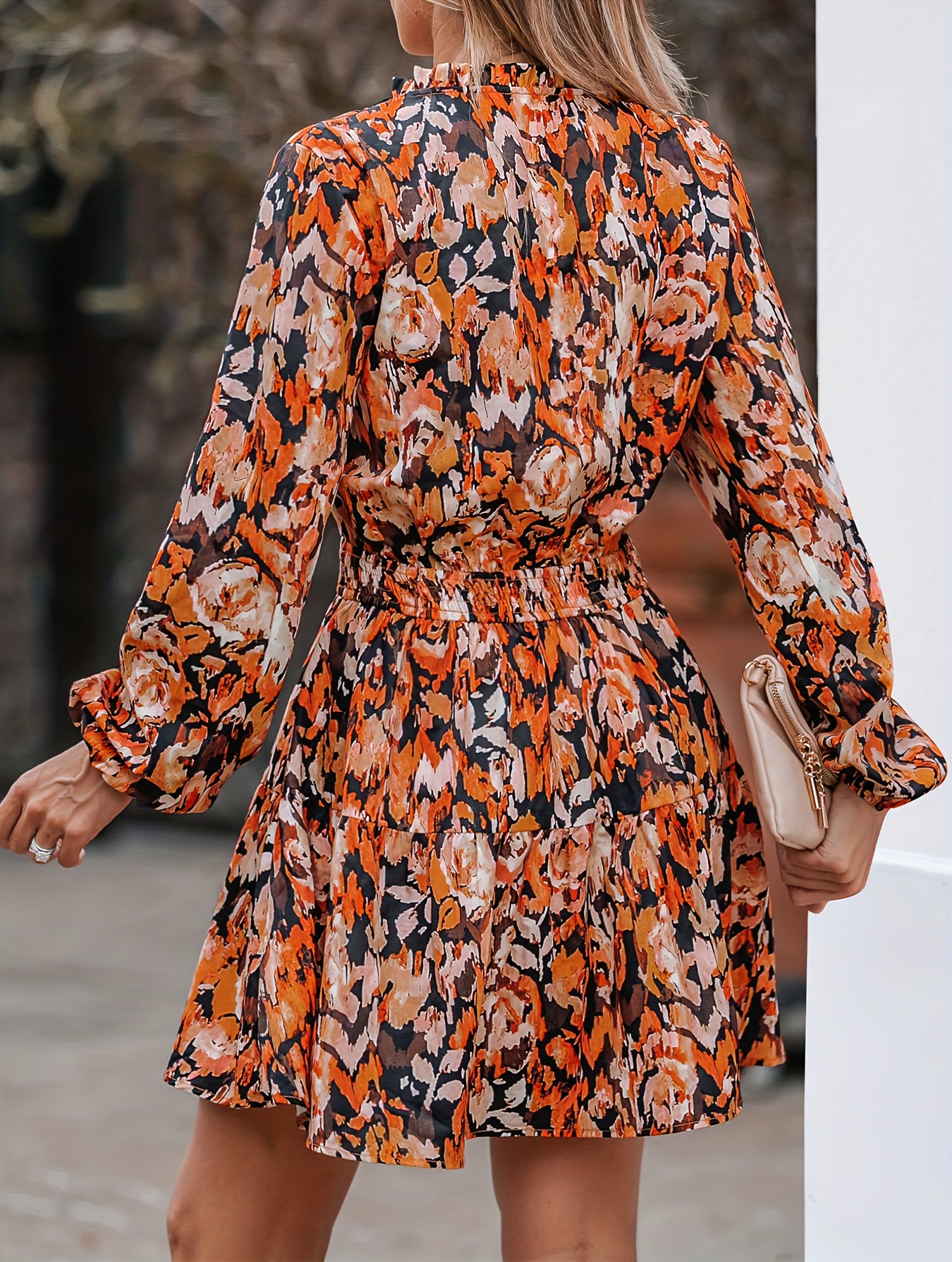 gbolsos Floral Print V Neck Dress, Casual Long Sleeve Dress, Women's Clothing