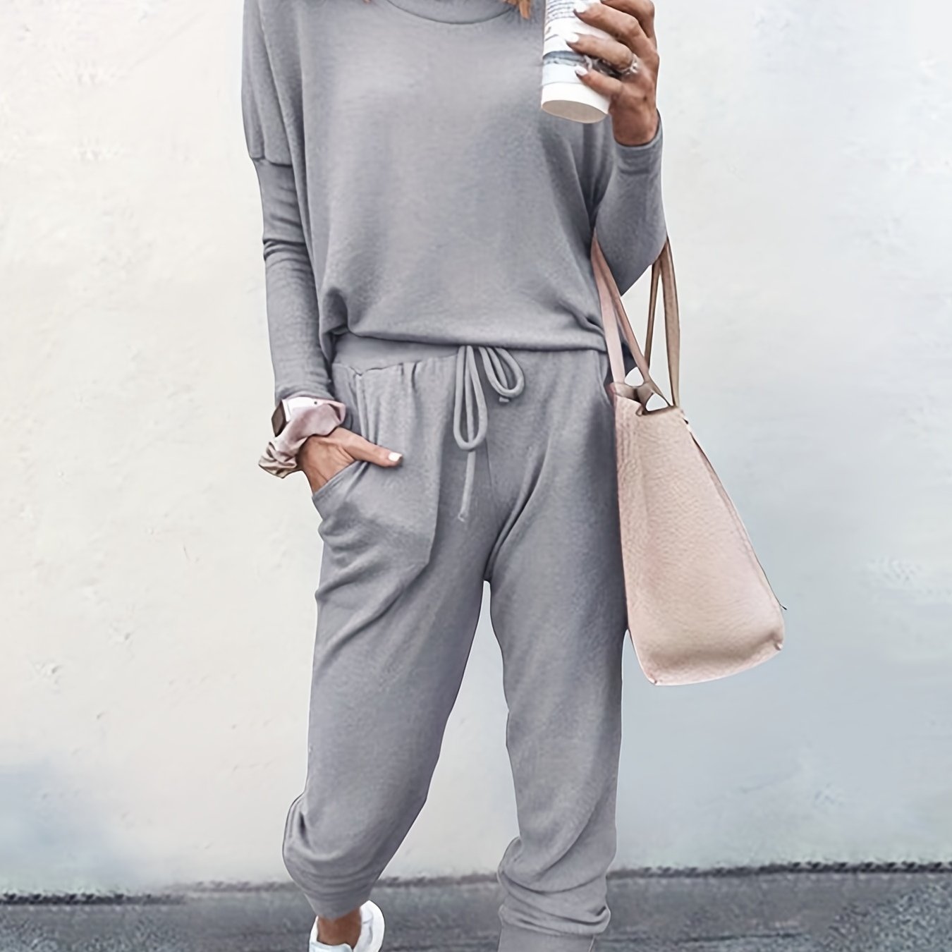 gbolsos Casual Solid Two-piece Set, Long Sleeve T-shirt & Drawstring Pants Outfits, Women's Clothing