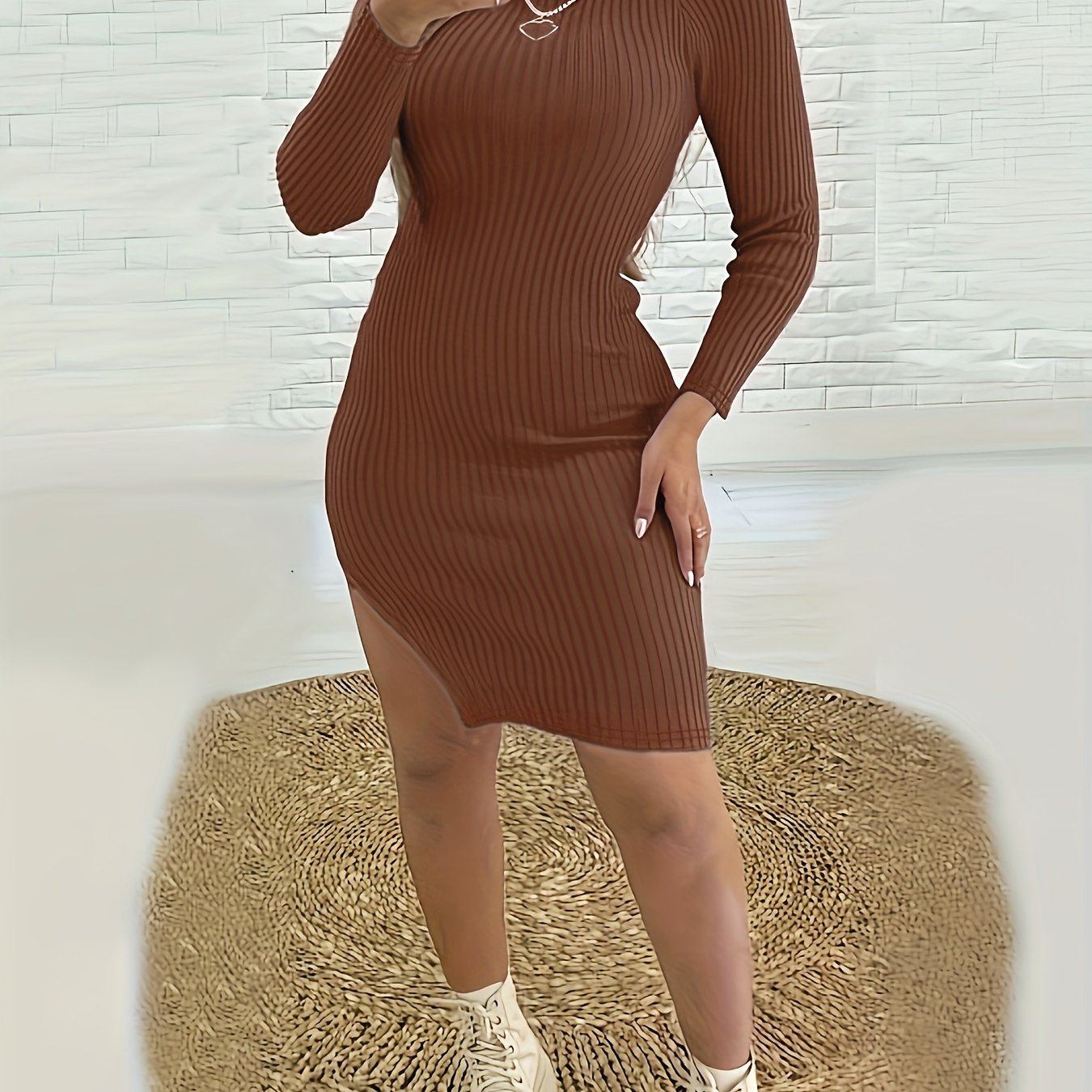 gbolsos Ribbed Split Solid Dress, Casual Mock Neck Long Sleeve Dress, Women's Clothing
