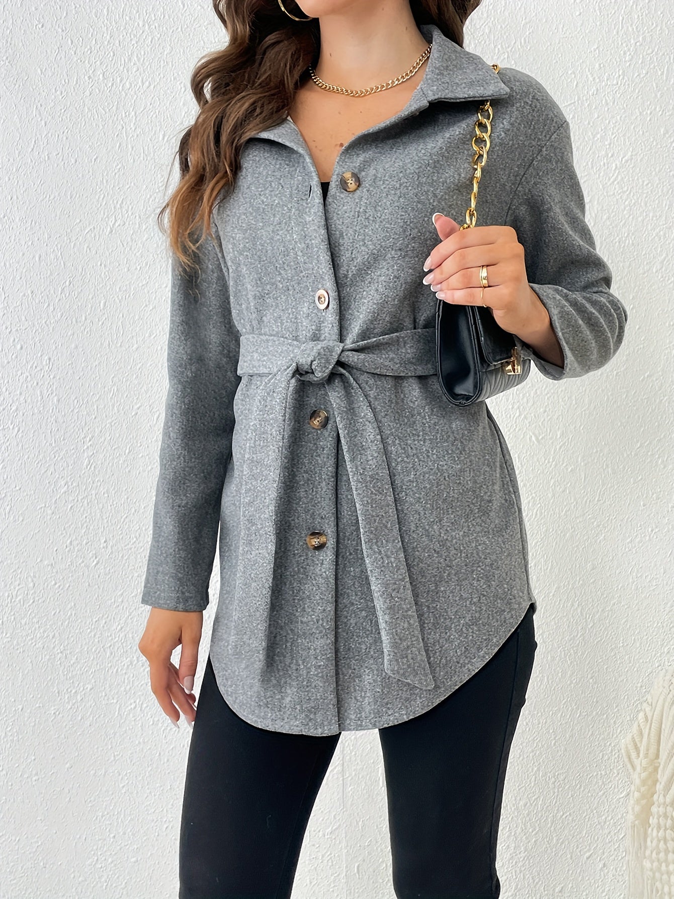 Solid Button Front Coat, Elegant Collared Long Sleeve Outerwear, Women's Clothing