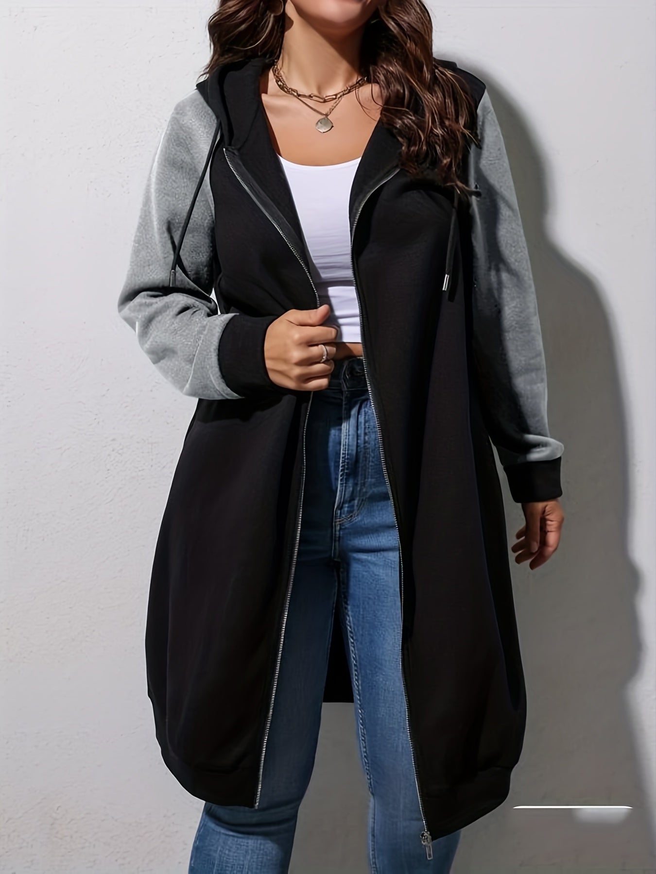 Plus Size Casual Coat, Women's Plus Colorblock Hoodie Drawstring Zipper Long Sleeve Longline Coat