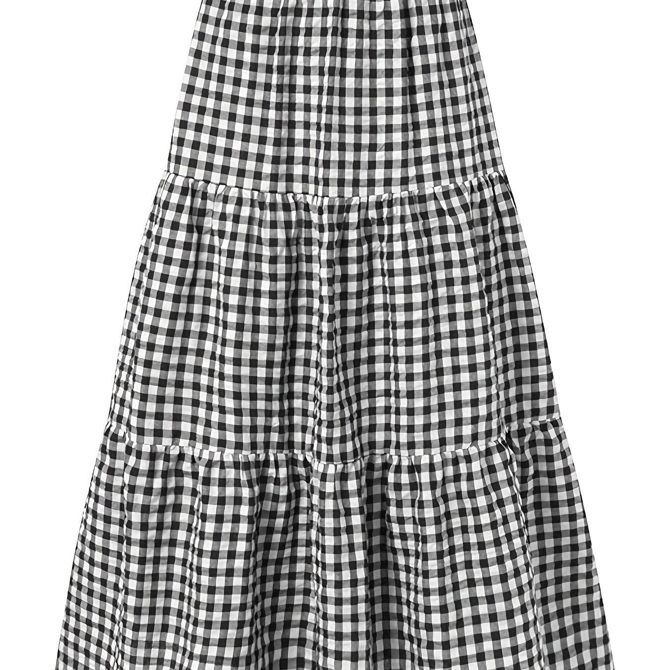 Plus Size Gingham Print Layered High Rise Maxi Skirt, Women's Plus Preppy Casual Long Skirt