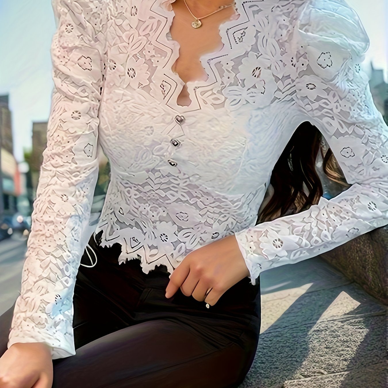 gbolsos Floral Pattern Heart Button Decor Lace T-Shirt, Elegant V Neck Long Sleeve Top For Spring & Fall, Women's Clothing
