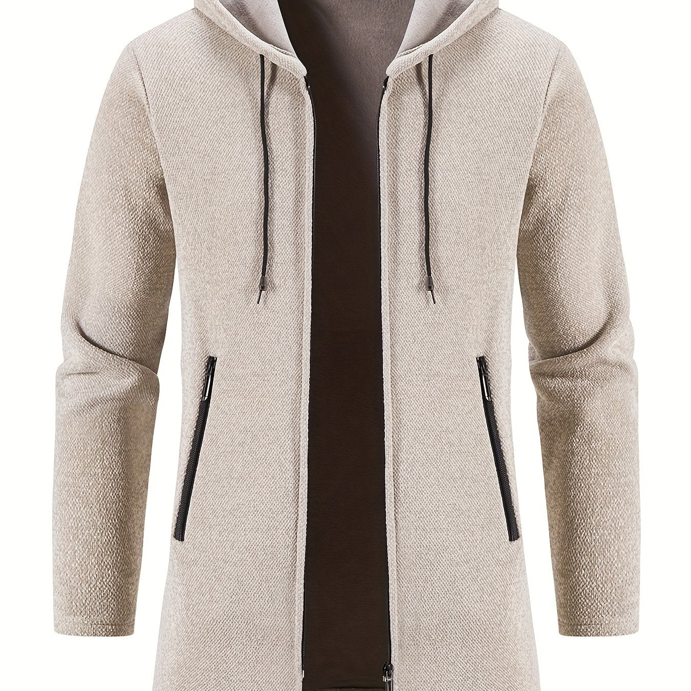 gbolsos Warm Mid-length Hooded Fleece Coat, Men's Comfortable Solid Color Zip Up Knitted Cardigan For Spring Fall