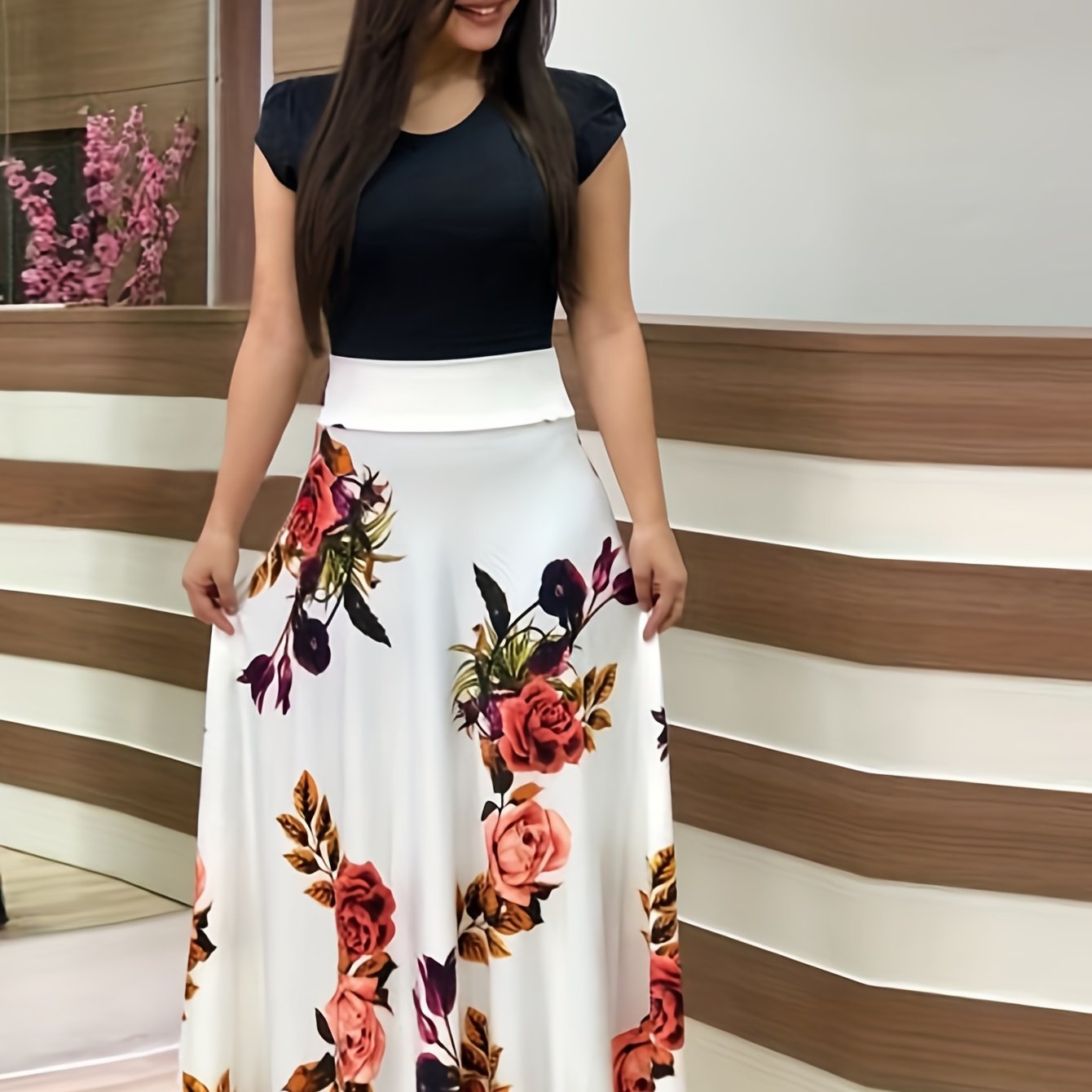 gbolsos Floral Print Splicing Dress, Elegant Crew Neck Short Sleeve Pleated Maxi Dress, Women's Clothing