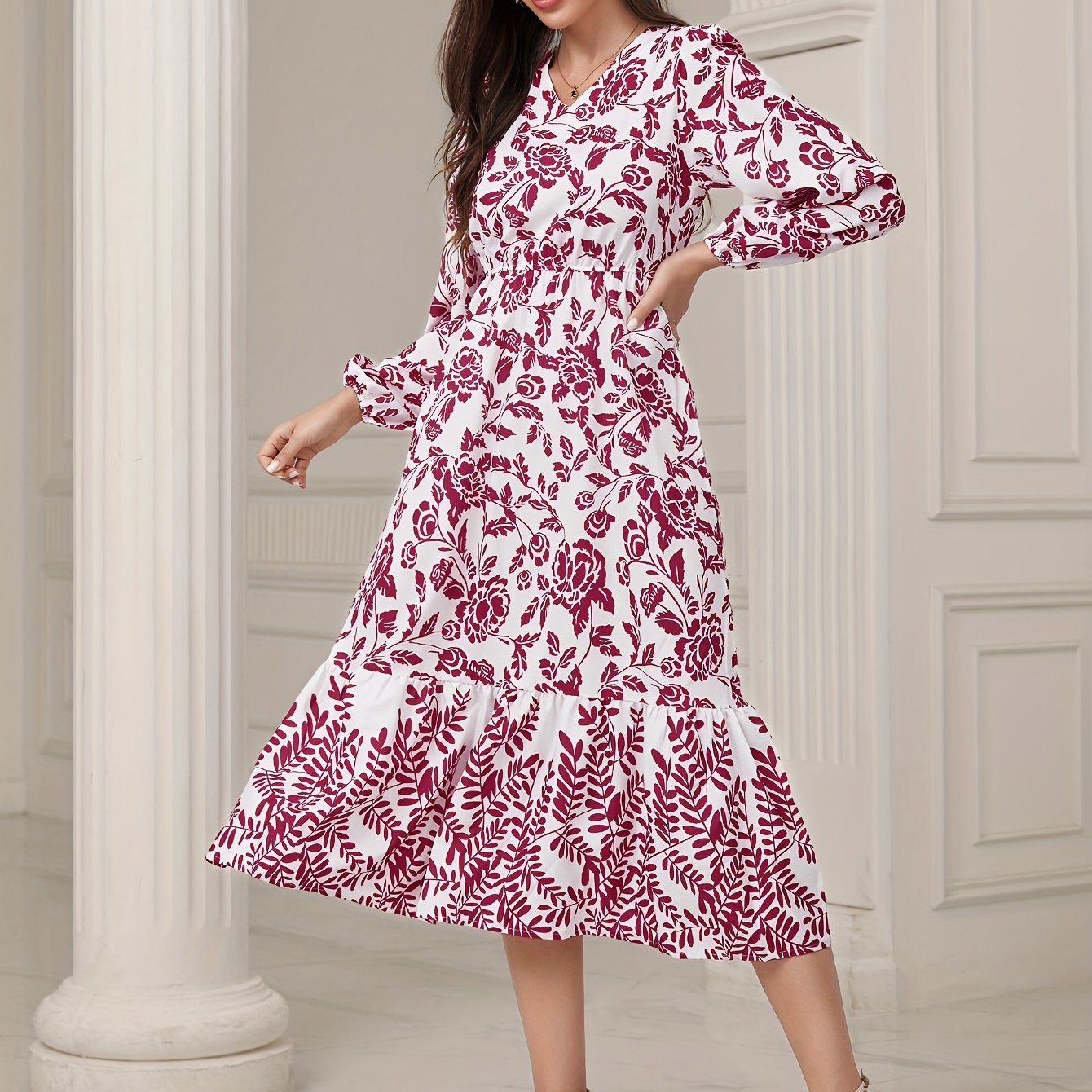gbolsos Floral & Leaves Print V-neck Dress, Elegant Elastic Waist Long Sleeve Dress For Spring & Fall, Women's Clothing