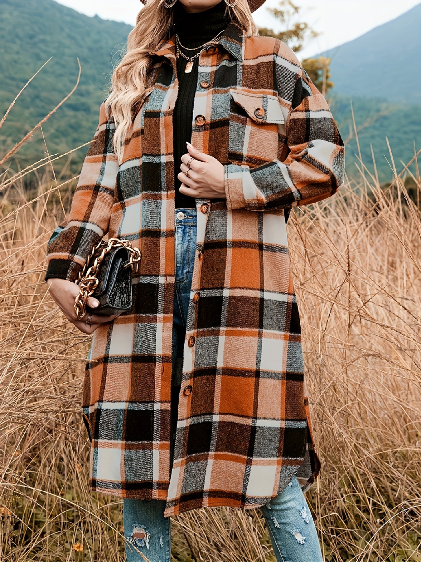 gbolsos Plaid Shacket Split Lapel Jacket, Button Down With Pockets Outerwear, Women's Clothing